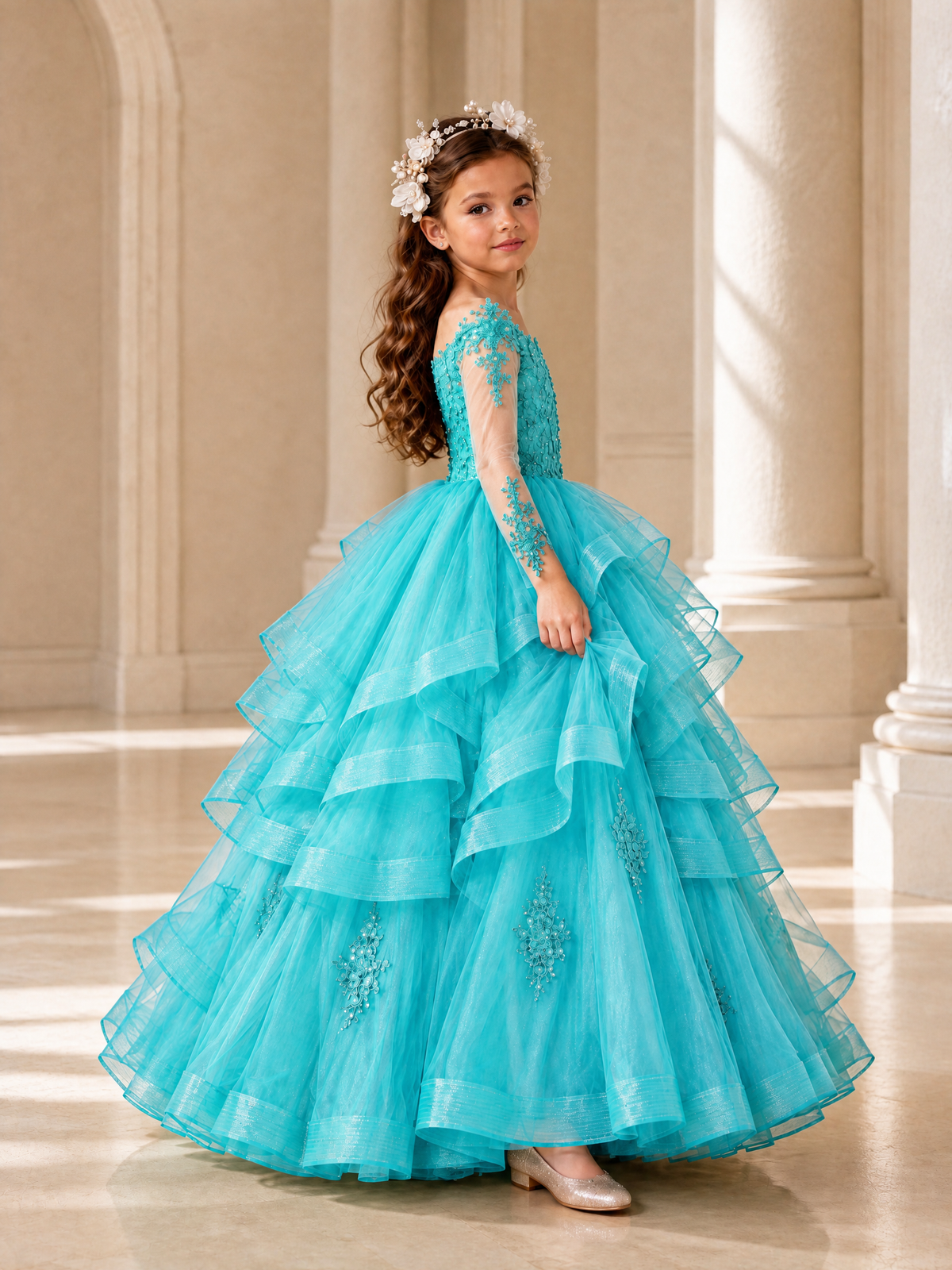 BOLODOO Turquoise Lace Long Sleeve Tiered Flower Girl Dress - Turquoise - Turquoise_3