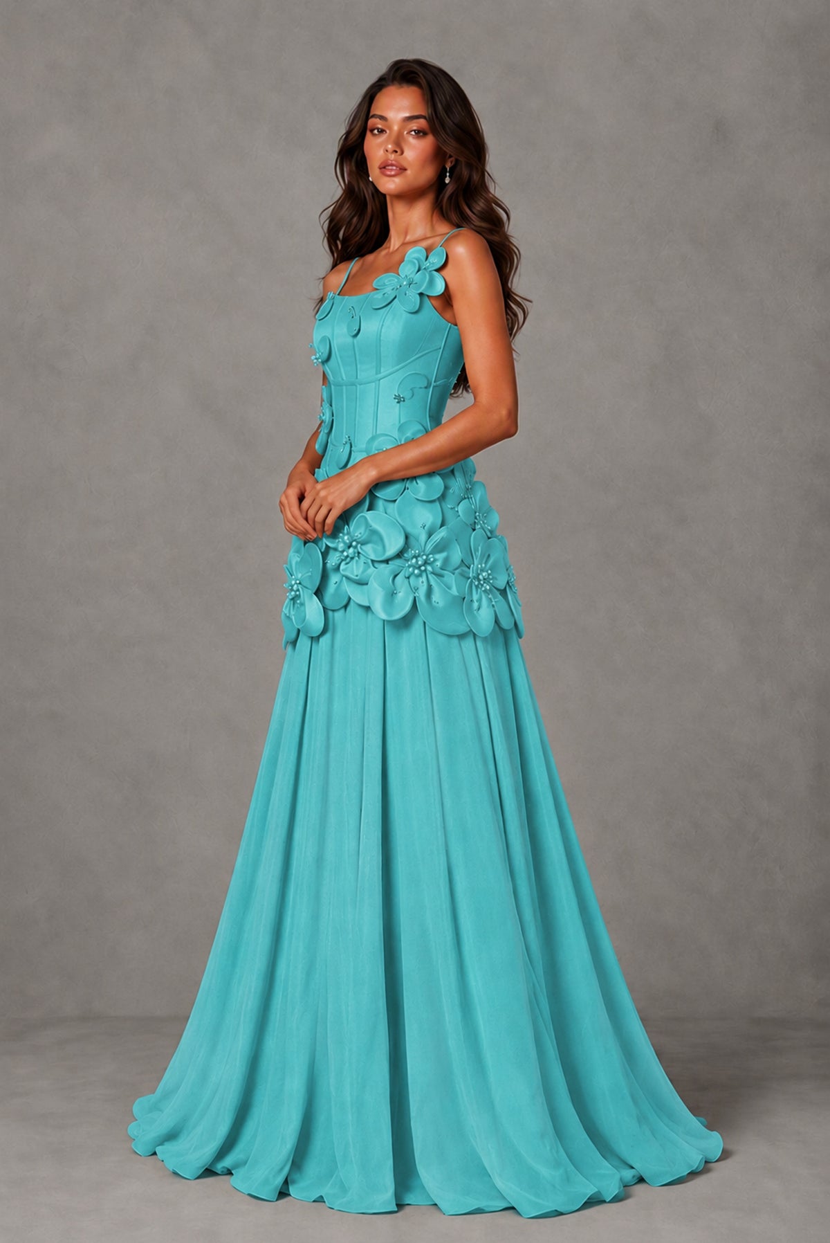 BOLODOO Turquoise 3D Floral Appliqué Floor-Length A-Line Evening Gown - Turquoise