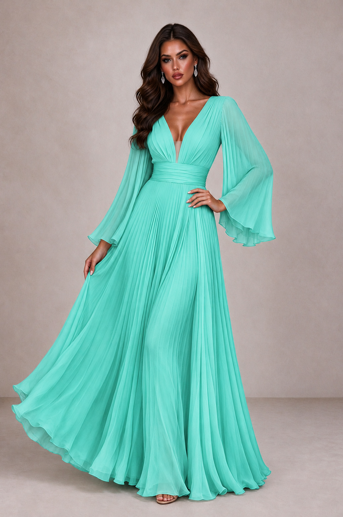 BOLODOO Turquoise Pleated Deep V-Neck Long Bell Sleeve Evening Dress - Turquoise - Turquoise_3
