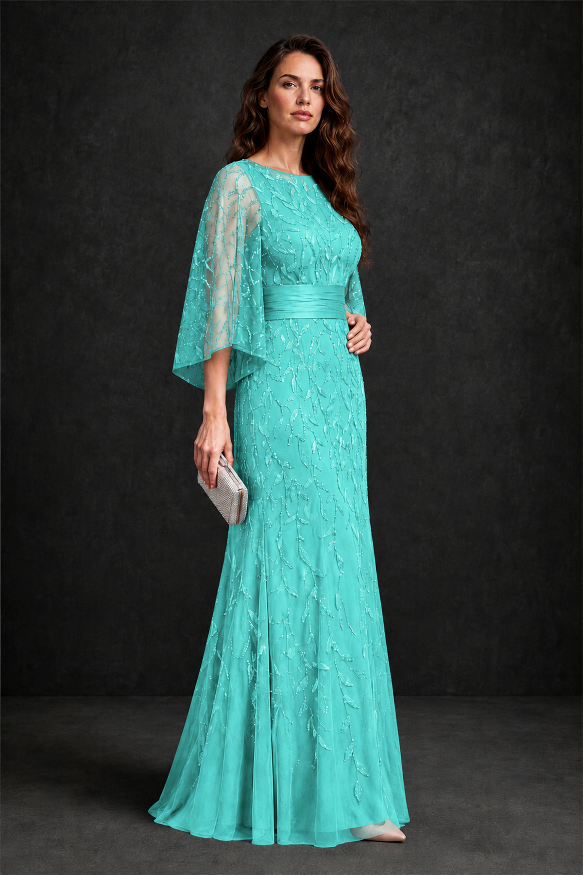 BOLODOO Turquoise Bateau Neck Bell Sleeve Sequin Embroidered Satin Waist A-Line Maxi Dress - Turquoise - Turquoise_3