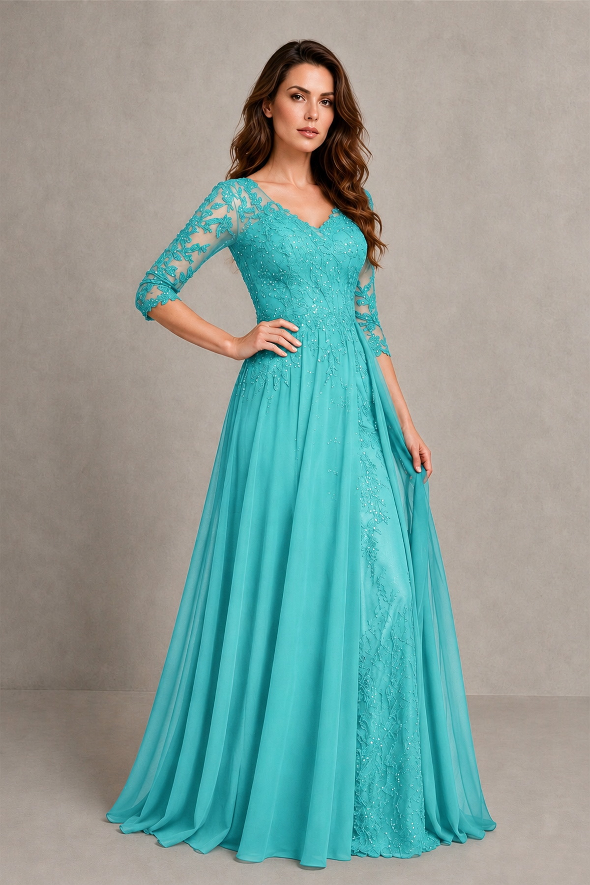 BOLODOO Midnight Turquoise Beaded Lace Appliqué Chiffon A-Line Gown | Mother of the Bride & Formal Evening Dress - Turquoise - Turquoise_3