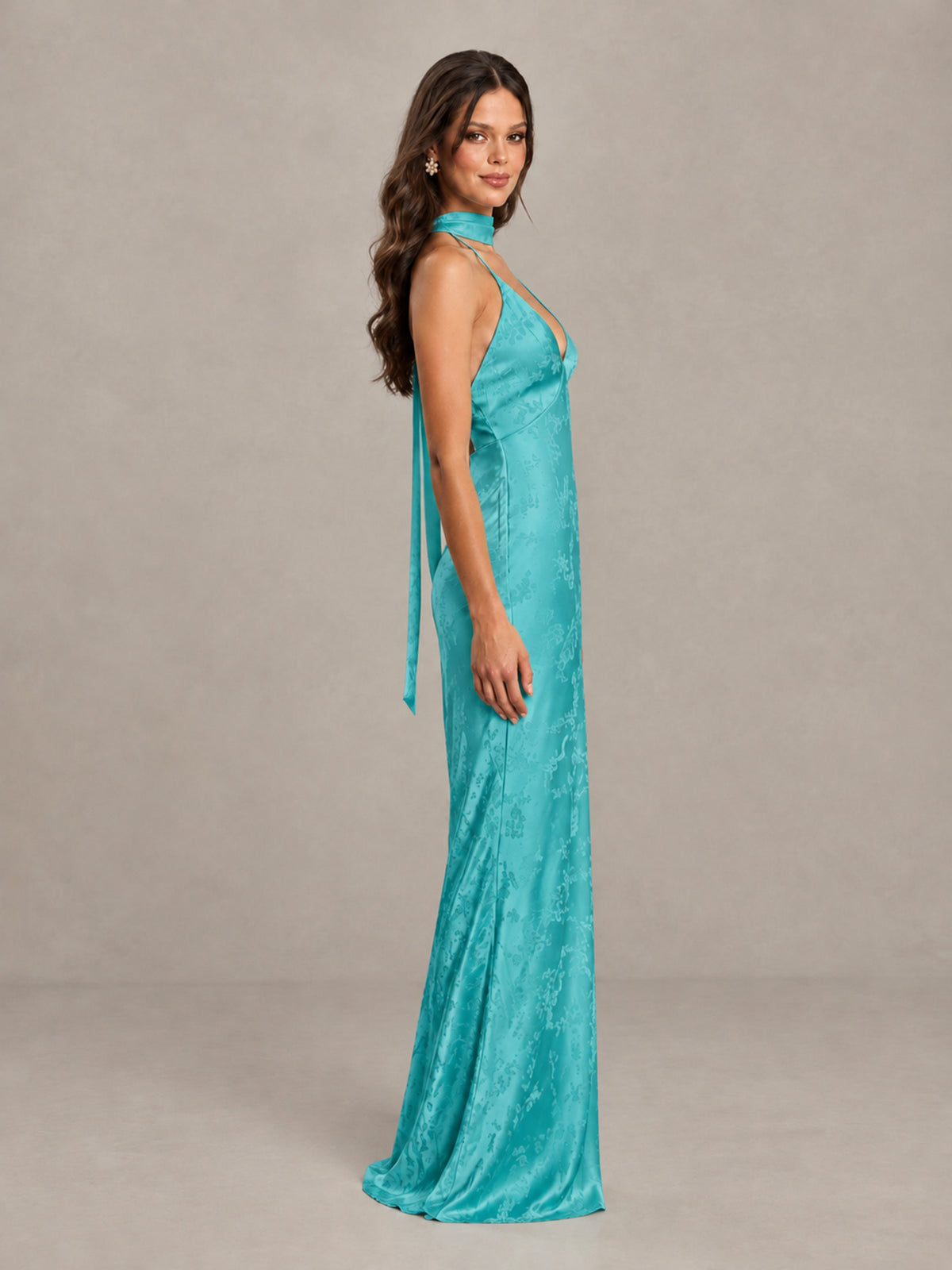 BOLODOO Turquoise Floral Satin Open-Back Bridesmaid Dress - Turquoise - Turquoise_3