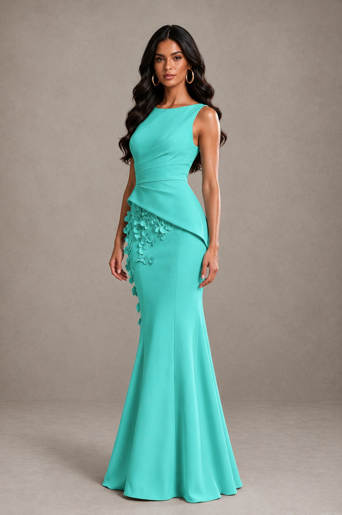 BOLODOO Turquoise Bateau Neck Sleeveless Asymmetric Peplum 3D Petal Appliqué Mermaid Gown BD0421 - Turquoise - Turquoise_3