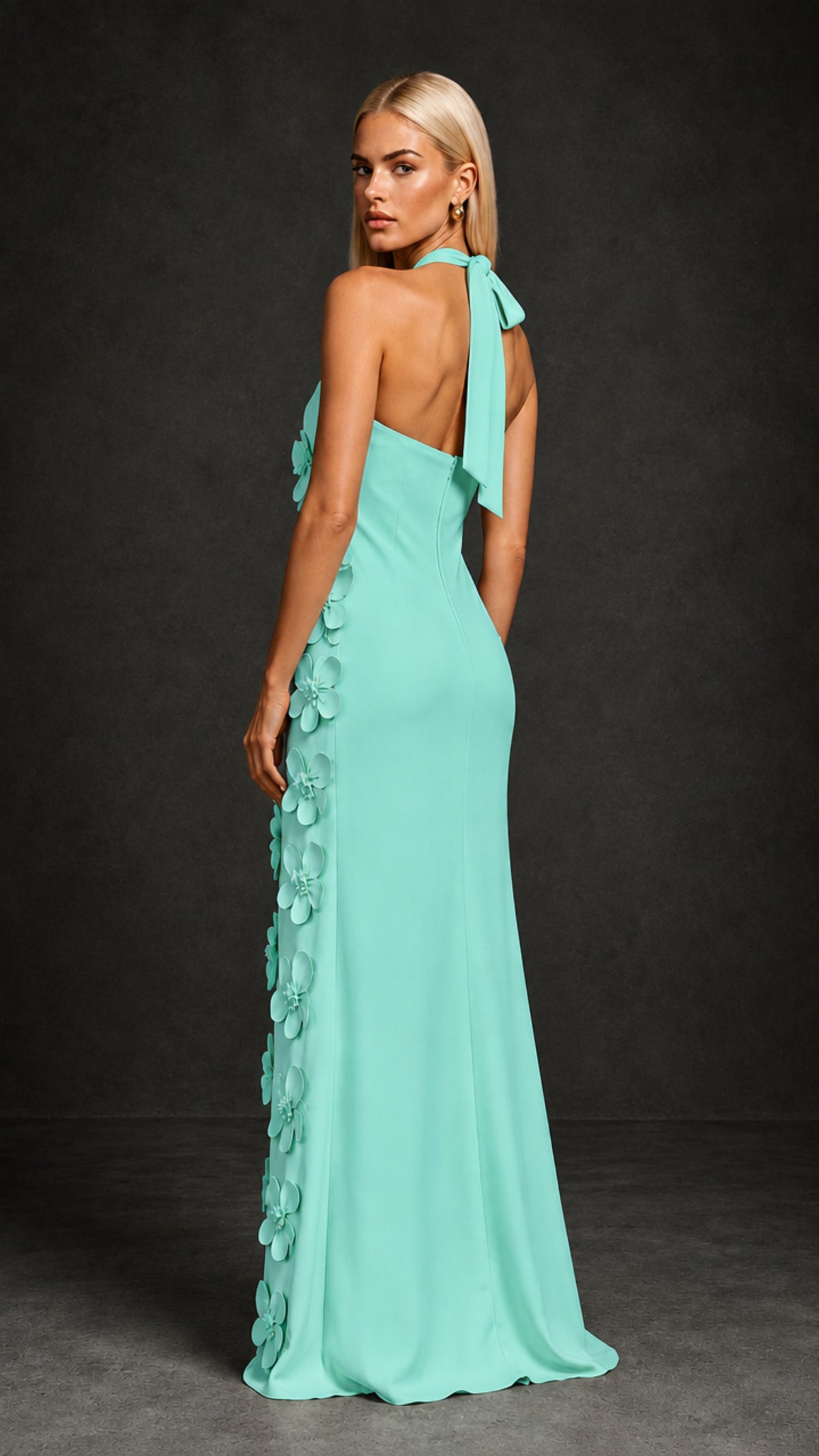 BOLODOO Turquoise Cross Halter Neck 3D Floral Appliqué Backless Mermaid Maxi Gown - Turquoise