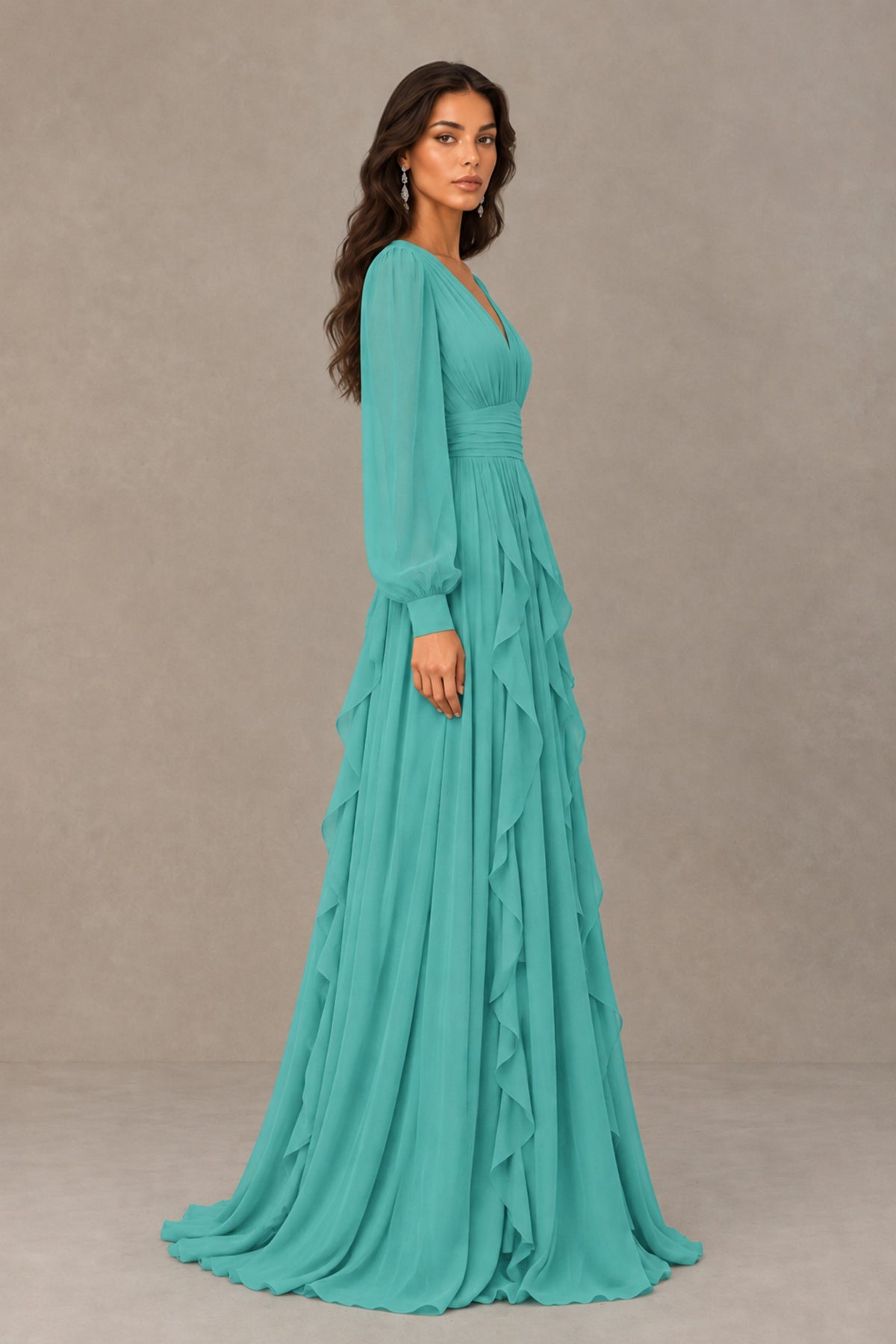 BOLODOO Turquoise Long Sleeve V-Neck Ruffle Maxi Dress - Turquoise