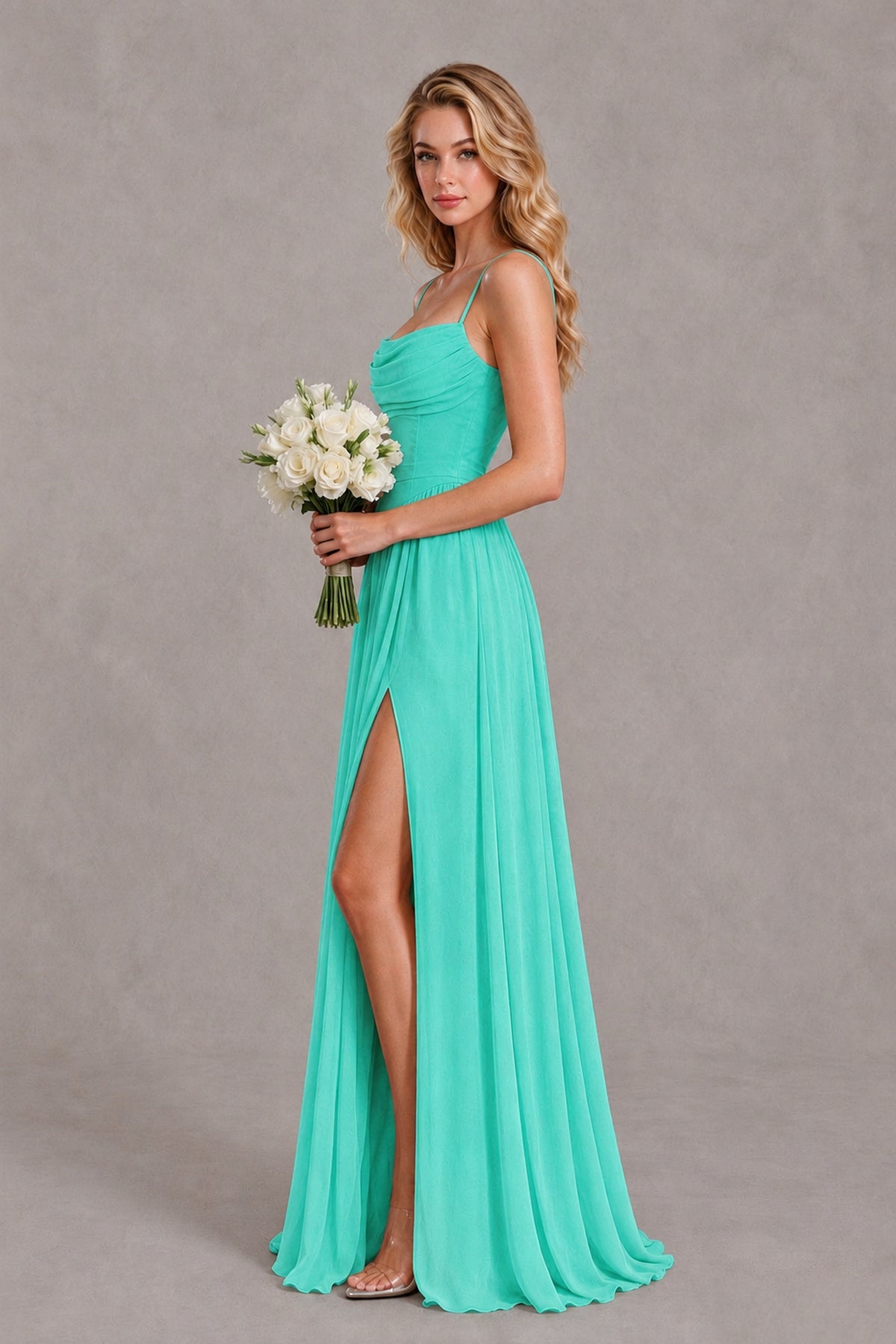 BOLODOO Turquoise Spaghetti Strap A-Line Bridesmaid Dress with Slit - Turquoise - Turquoise_3
