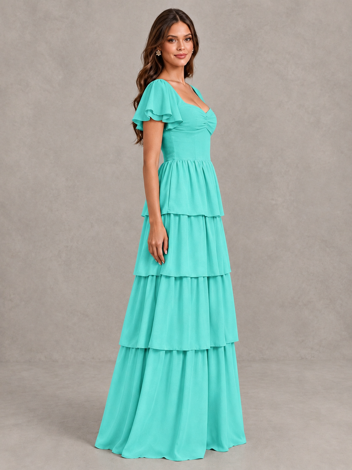 BOLODOO Turquoise Flutter Sleeve Tiered Maxi Bridesmaid Dress - Turquoise - Turquoise_3