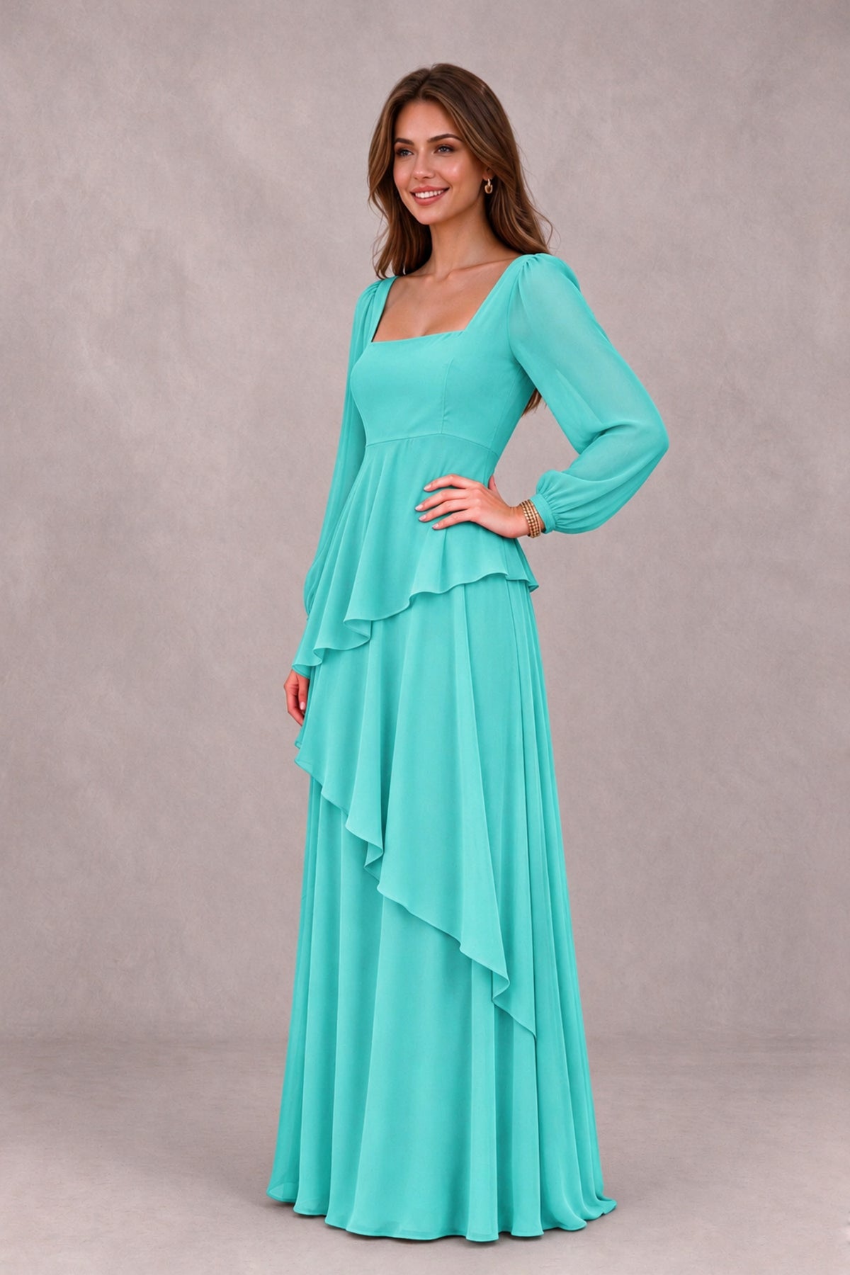 BOLODOO Turquoise Long Sleeve Ruffle Bridesmaid Dresses - Turquoise - Turquoise_3