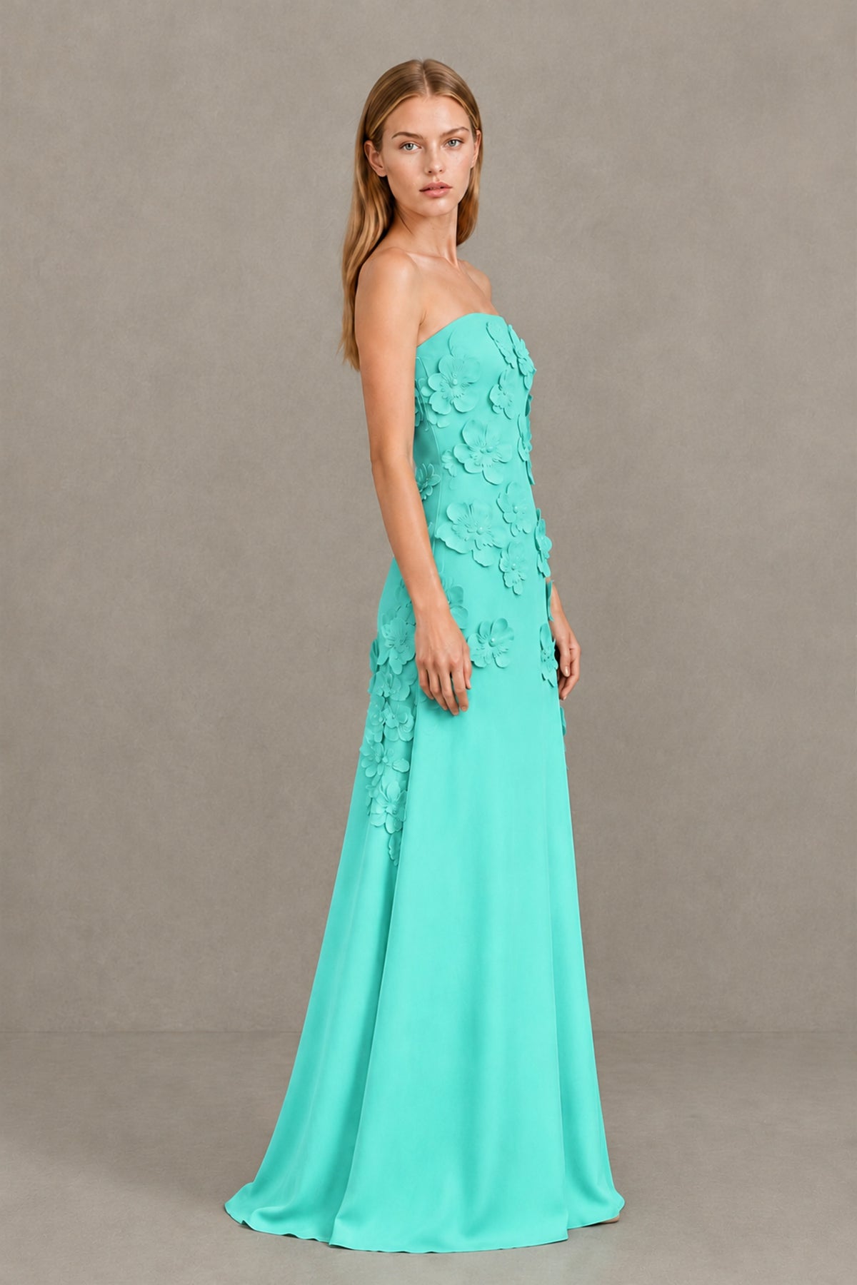 BOLODOO Turquoise Strapless 3D Floral Appliqué Crepe Maxi Gown - Turquoise - Turquoise_3