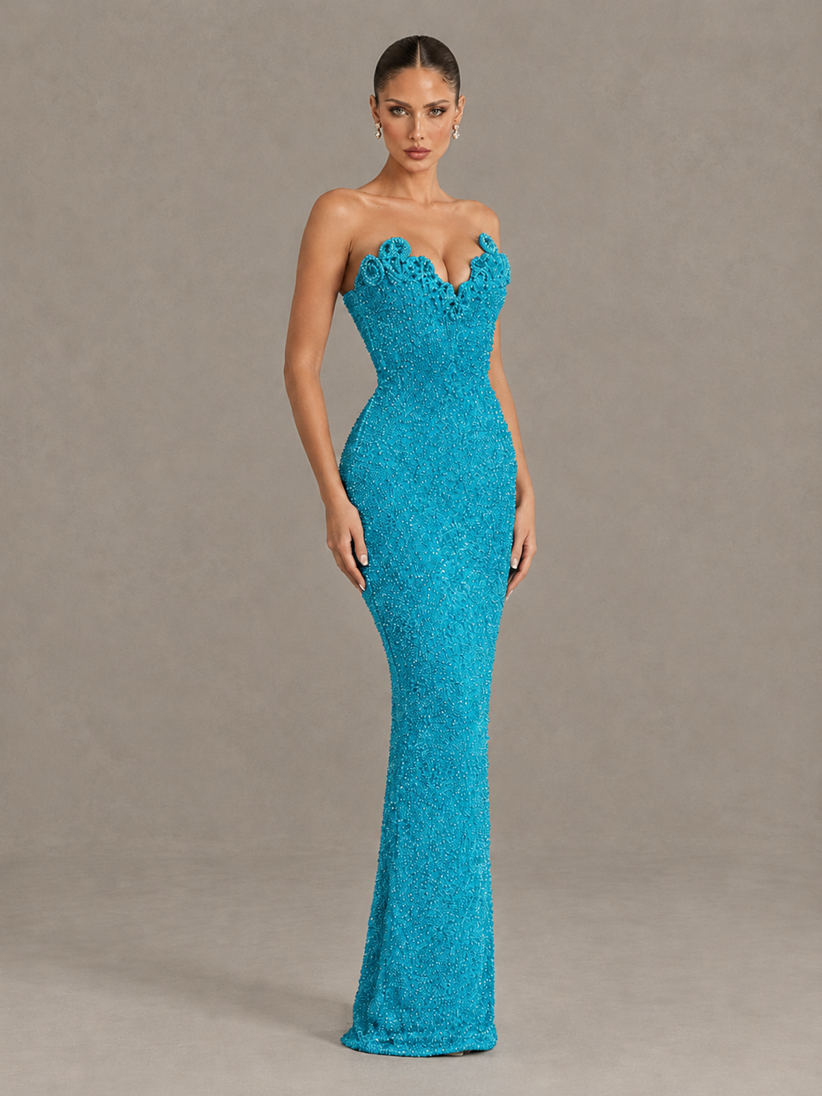 BOLODOO Turquoise Strapless Sequin Evening Gown with Floral Neckline - Turquoise - Turquoise_3