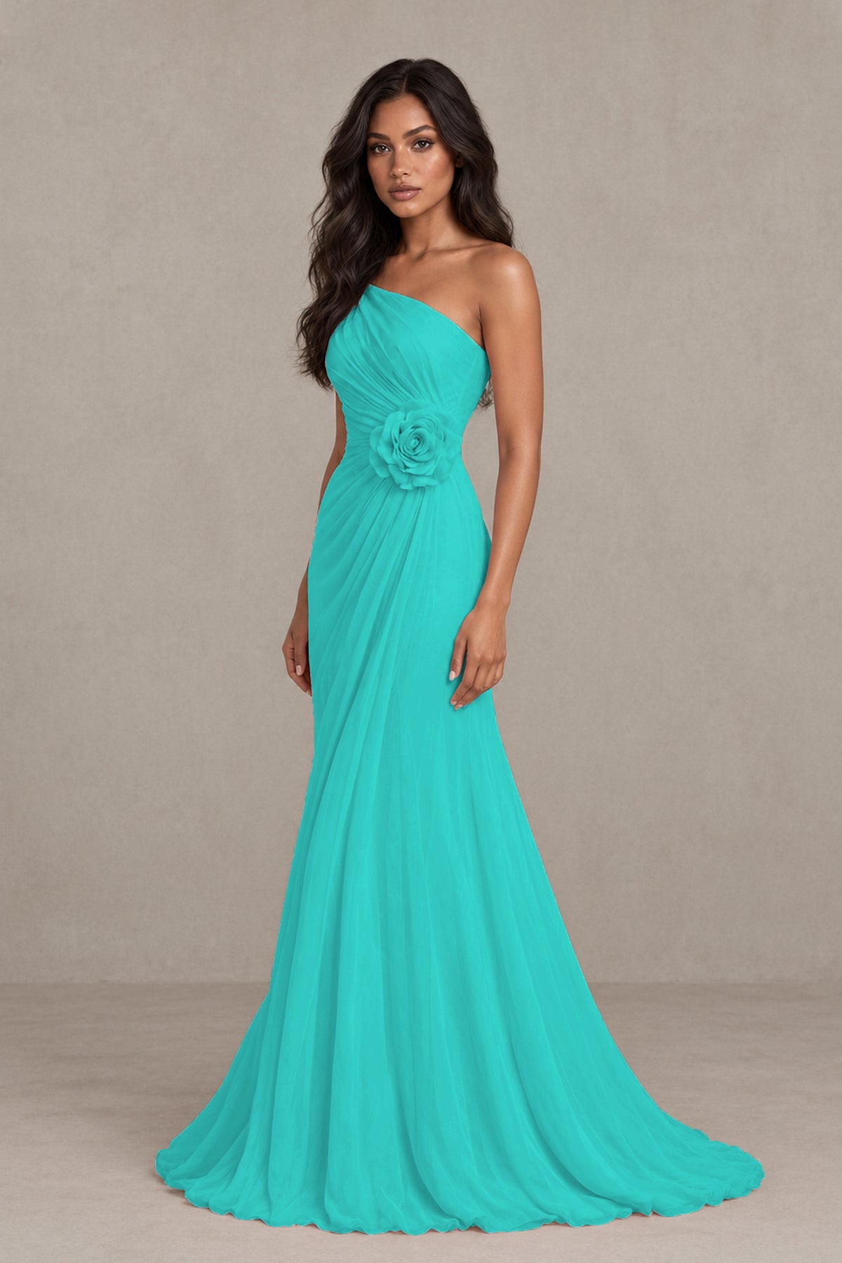 BOLODOO Turquoise One-Shoulder Floral Ruched Maxi Dress - Turquoise