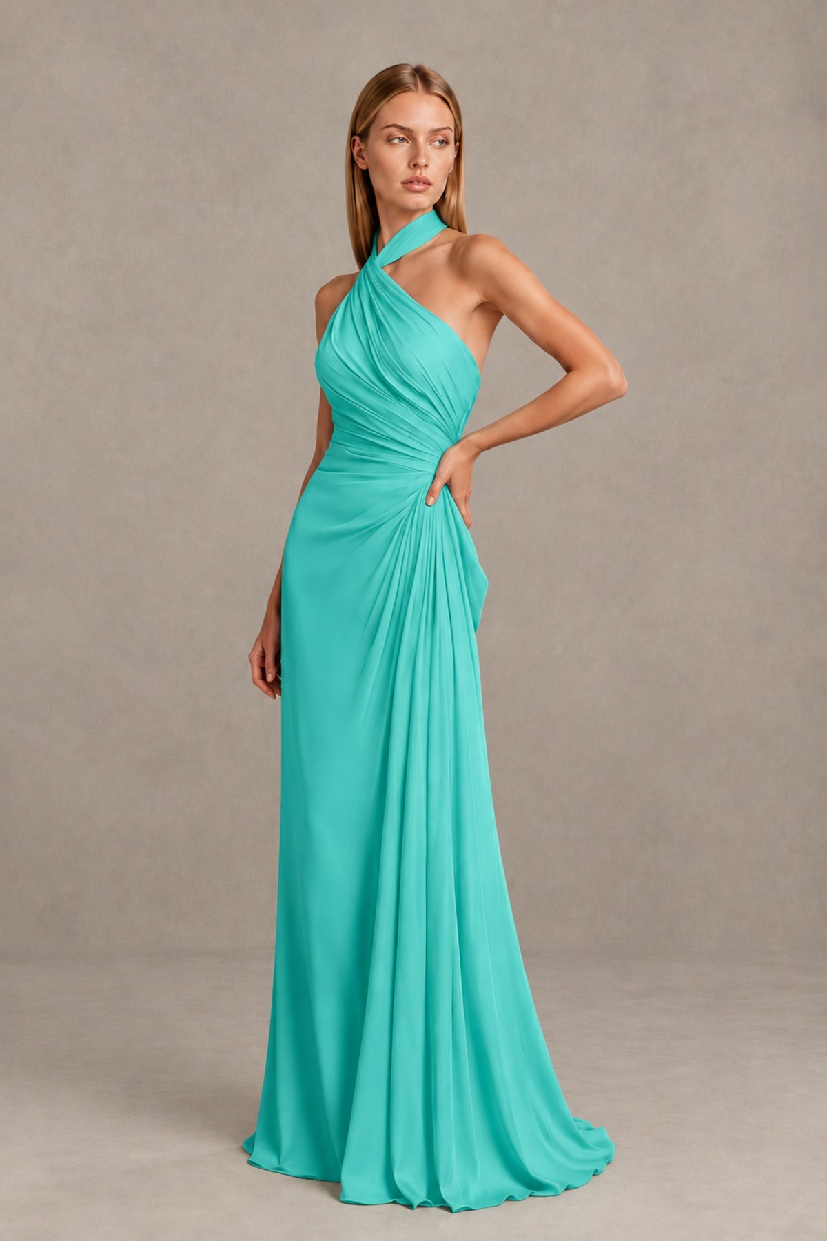 BOLODOO Turquoise Twisted Halter Neck Ruched Sleeveless Open Back Floor-Length Gown - Turquoise - Turquoise_3
