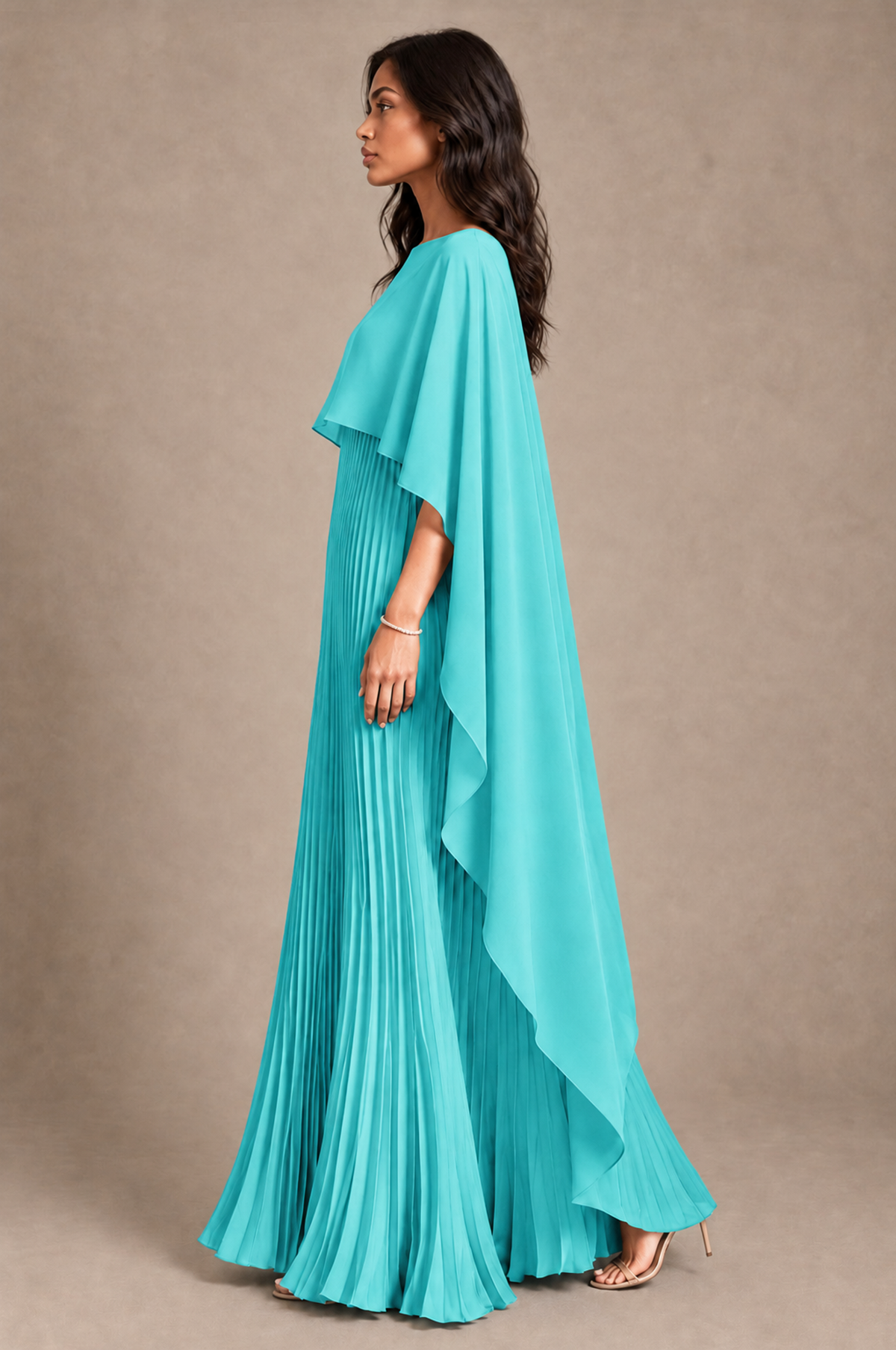 BOLODOO Turquoise Pleated Cape A-Line Evening Dress - Turquoise - Turquoise_3