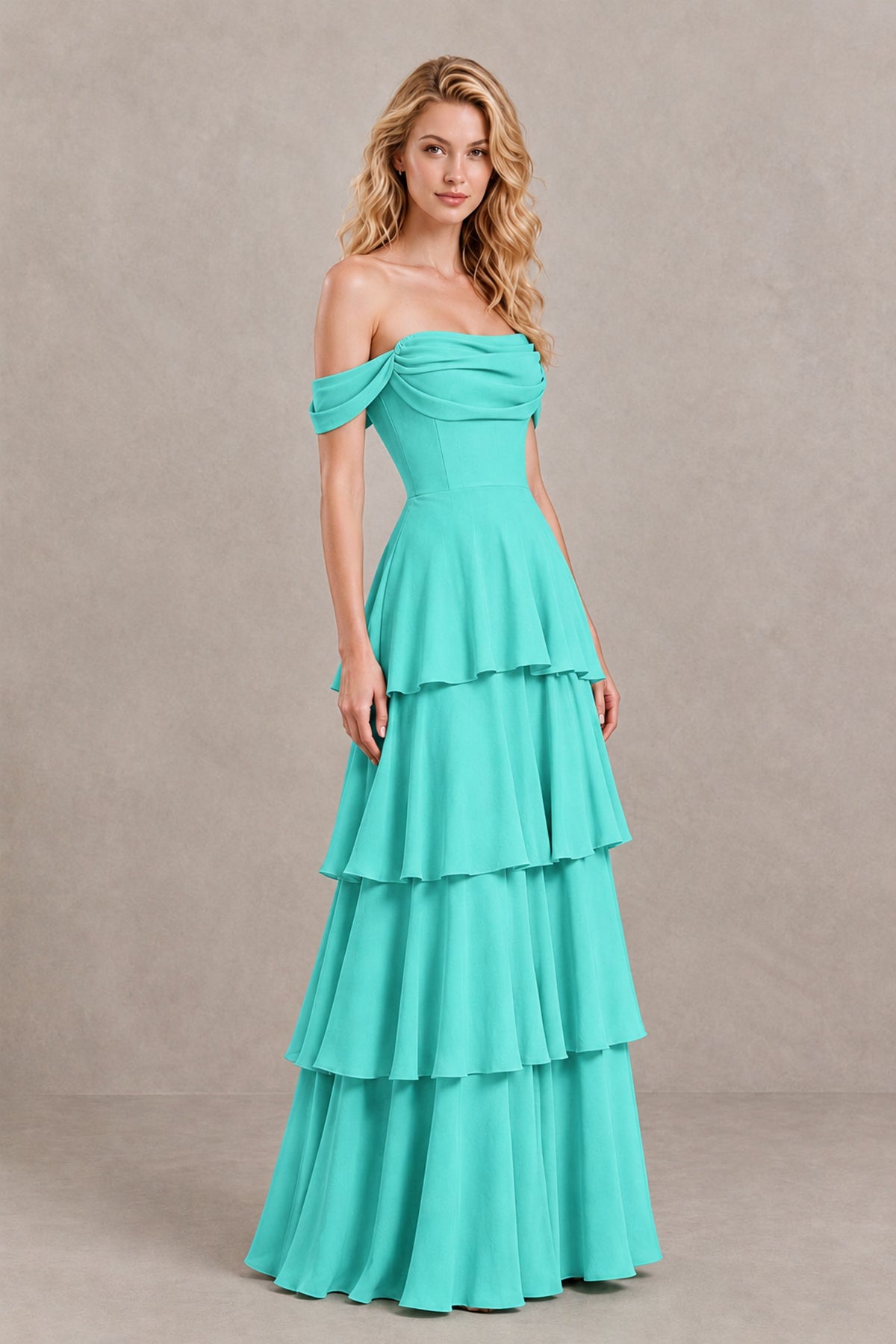 BOLODOO Turquoise Off-the-Shoulder Tiered A-Line Evening Bridesmaid Dress - Turquoise - Turquoise_3