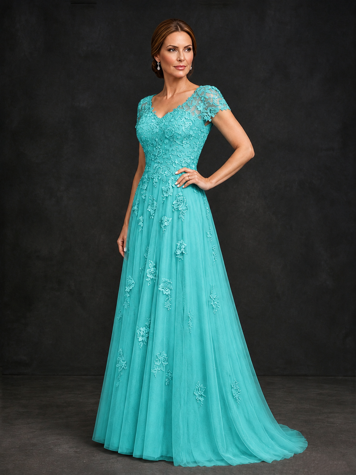BOLODOO Turquoise Cap Sleeve Lace Appliqué A-Line Formal Gown | Mother of the Bride Dress - Turquoise - Turquoise_3