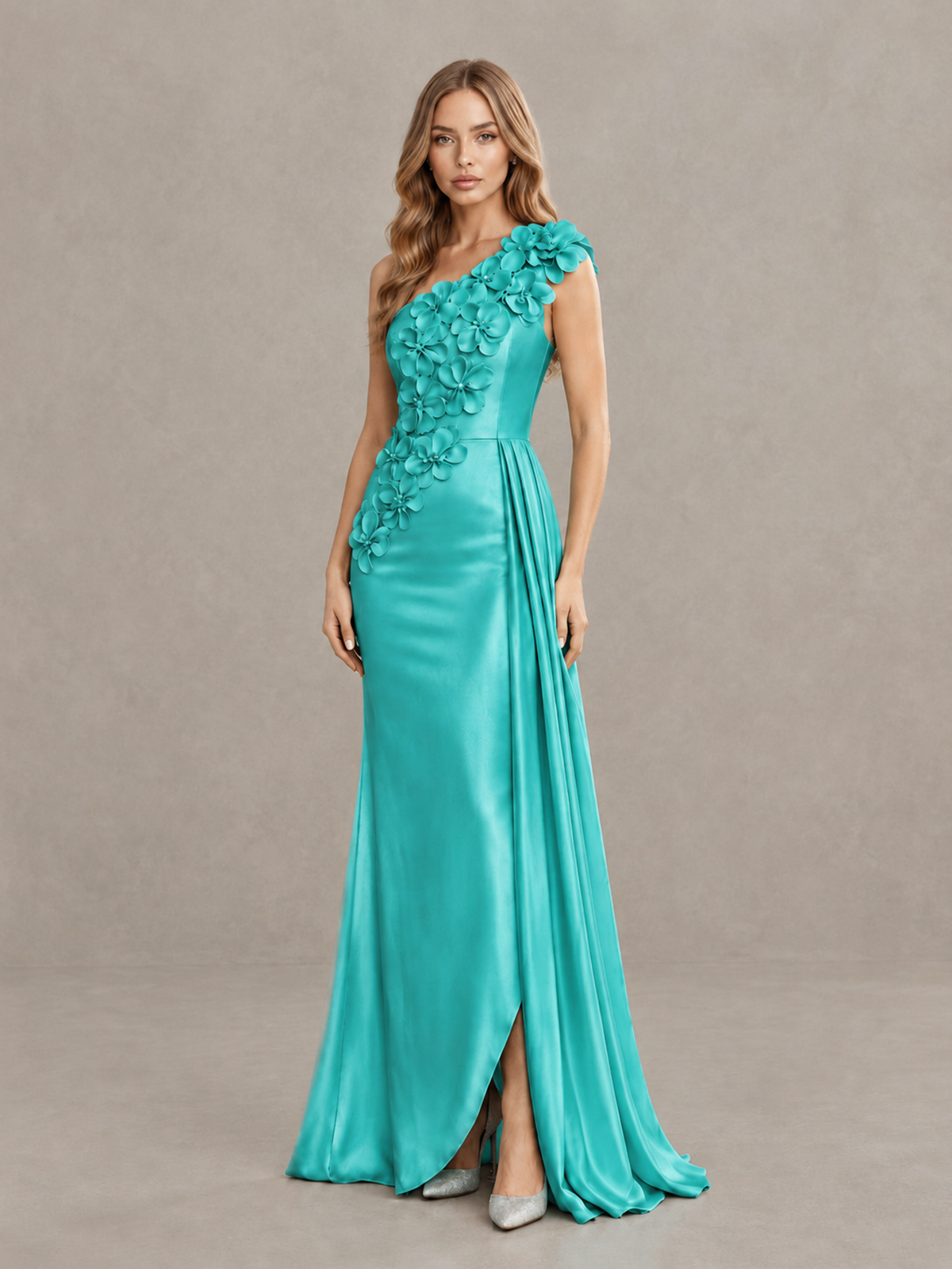 BOLODOO Turquoise One-Shoulder Satin Mermaid Evening Gown with 3D Floral Appliqué - Turquoise - Turquoise_3
