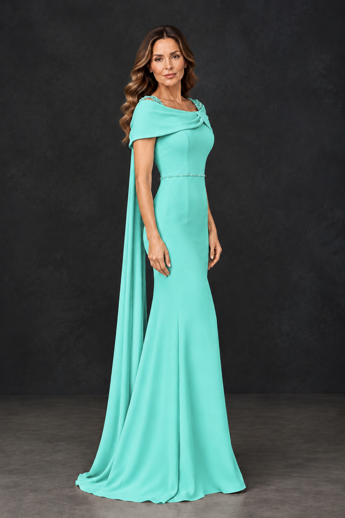 BOLODOO Turquoise Mother of the Bride Dress with Draped Cape Detail - Turquoise - Turquoise_3