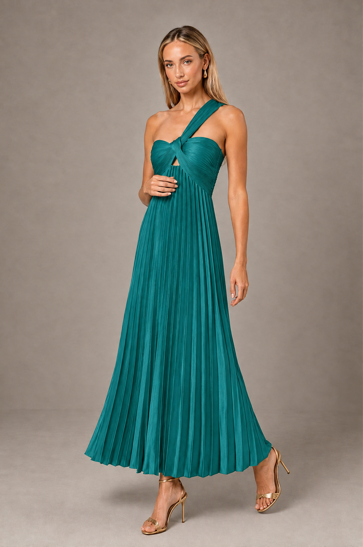 BOLODOO Turquoise One-Shoulder Twist Knot Pleated Satin Midi Dress with Cutout - Turquoise - Turquoise_3