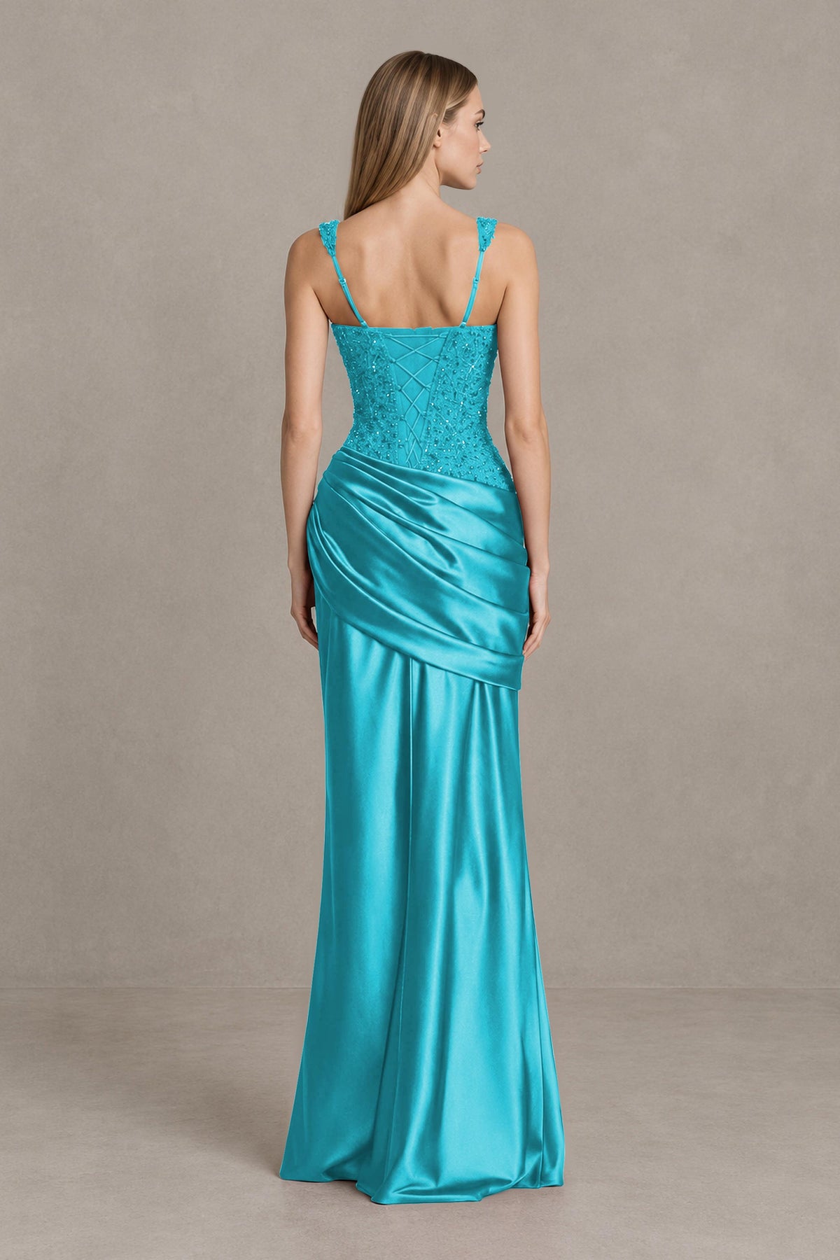 BOLODOO Turquoise Square Neck Embellished Satin Evening Gown - Turquoise