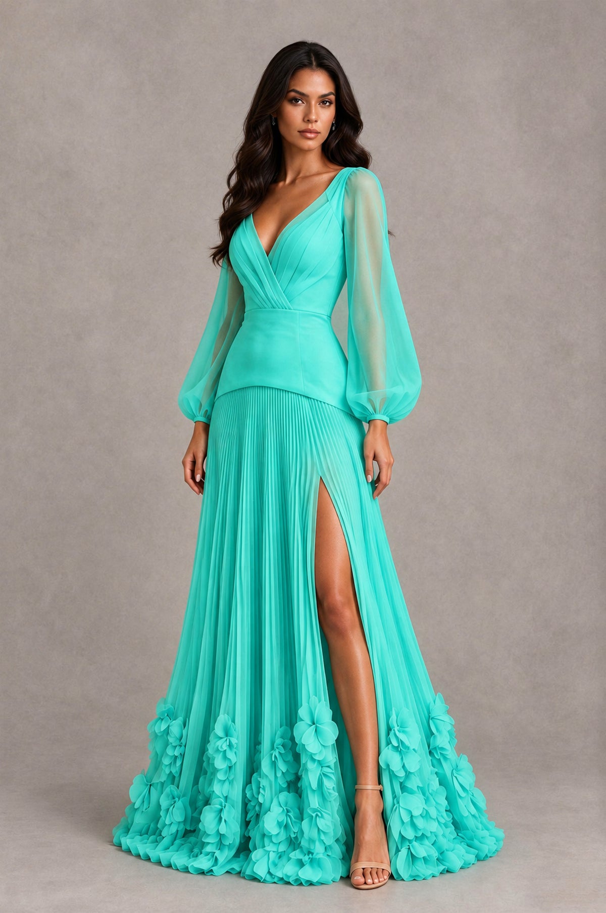 BOLODOO Turquoise V-Neck Long Sleeve Pleated Floral Hem Evening Dress - Turquoise - Turquoise_3