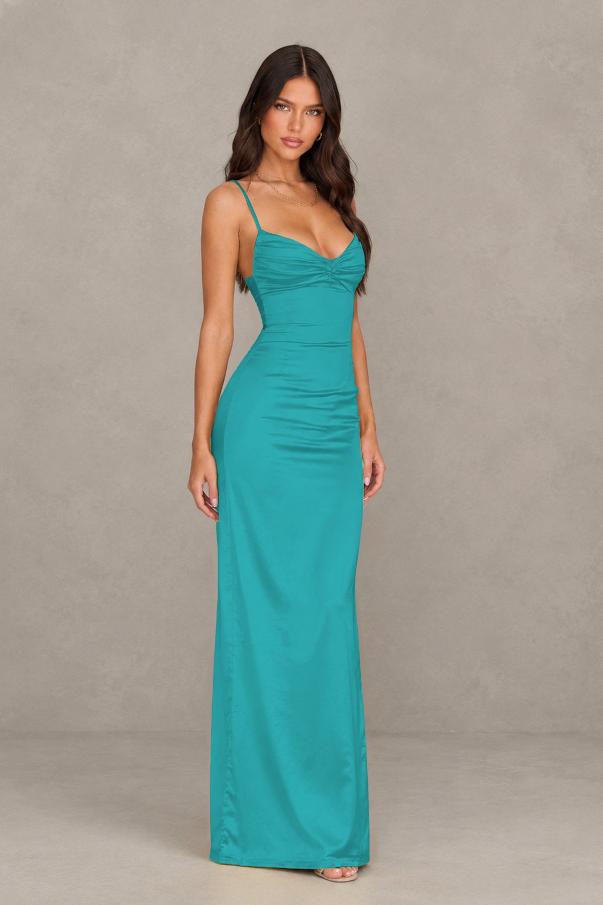 BOLODOO Turquoise Satin Cowl Neck Open Back Mermaid Maxi Dress with Side Slit - Turquoise