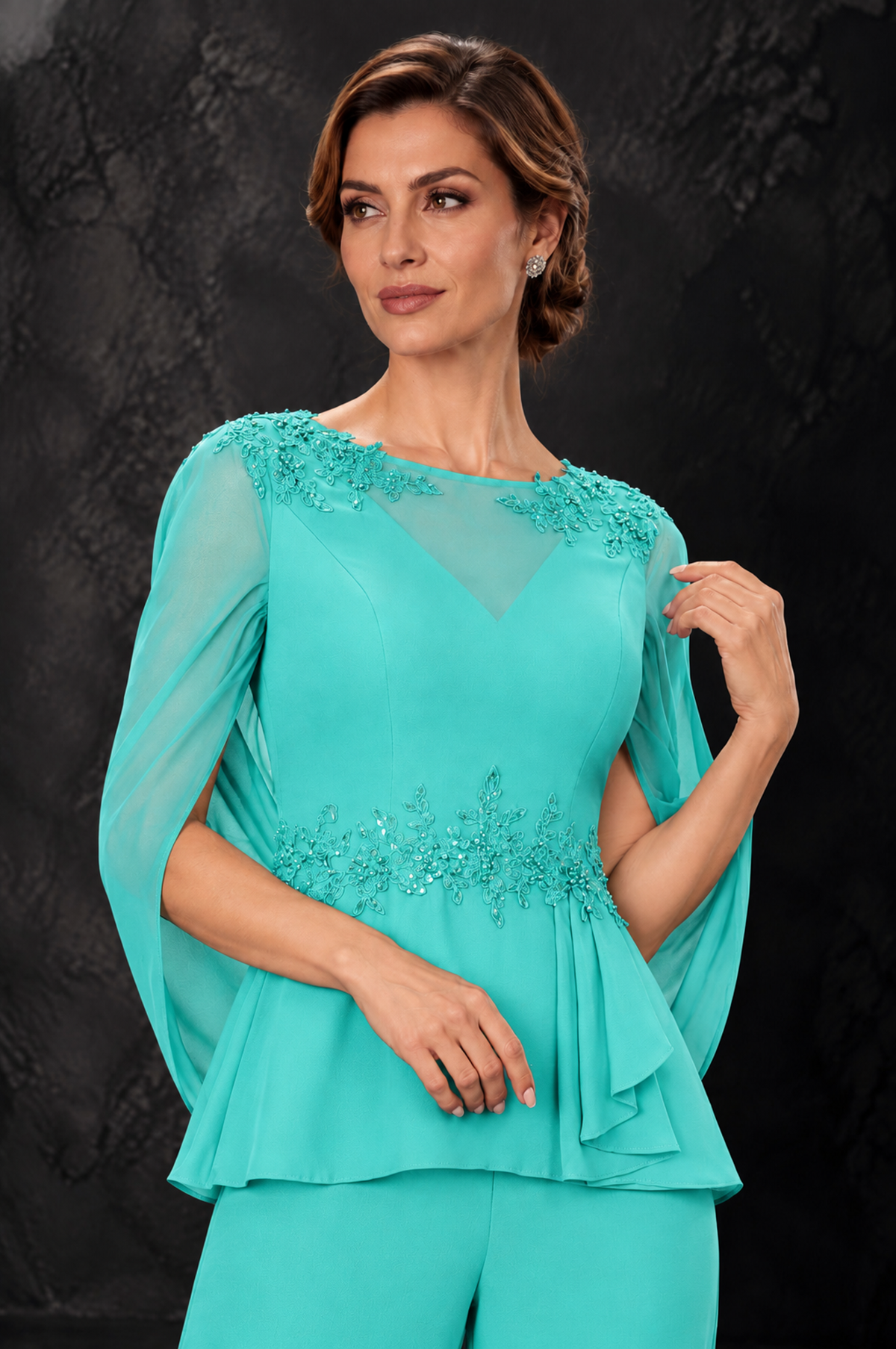 BOLODOO Turquoise Embellished Cape Sleeve Mother of the Bride Pantsuit - Turquoise - Turquoise_3