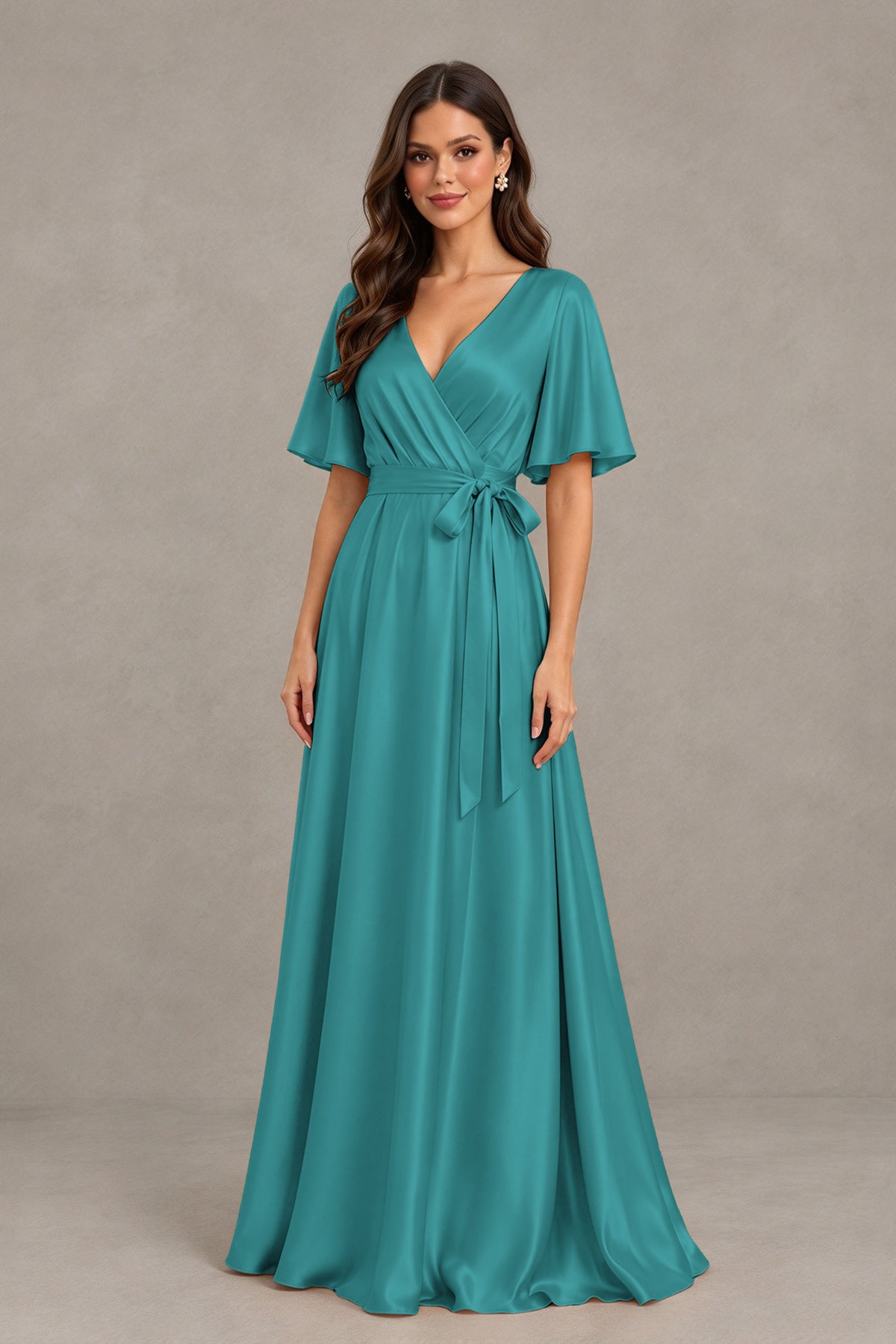 BOLODOO Turquoise Satin V-Neck Flutter Sleeve Bridesmaid Dress with Slit - Turquoise - Turquoise(3)