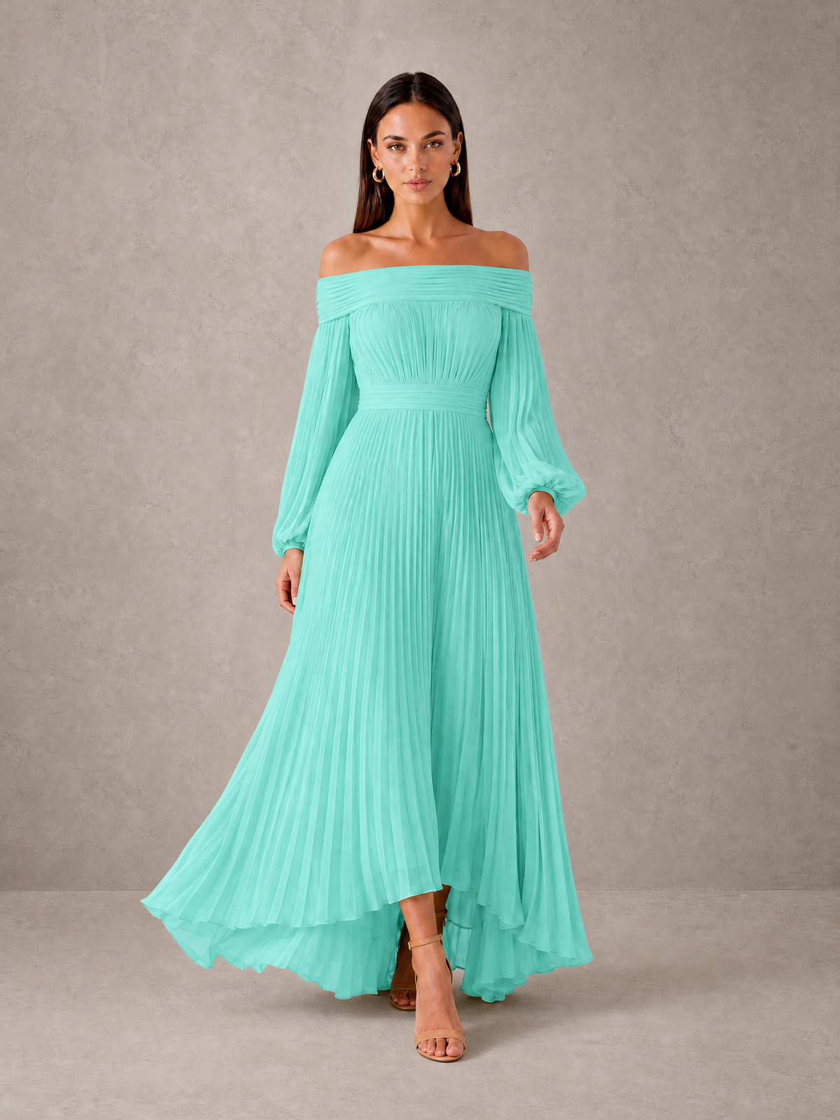 BOLODOO Turquoise Off-Shoulder Long Sleeve Pleated High-Low Dress - Turquoise - Turquoise_3