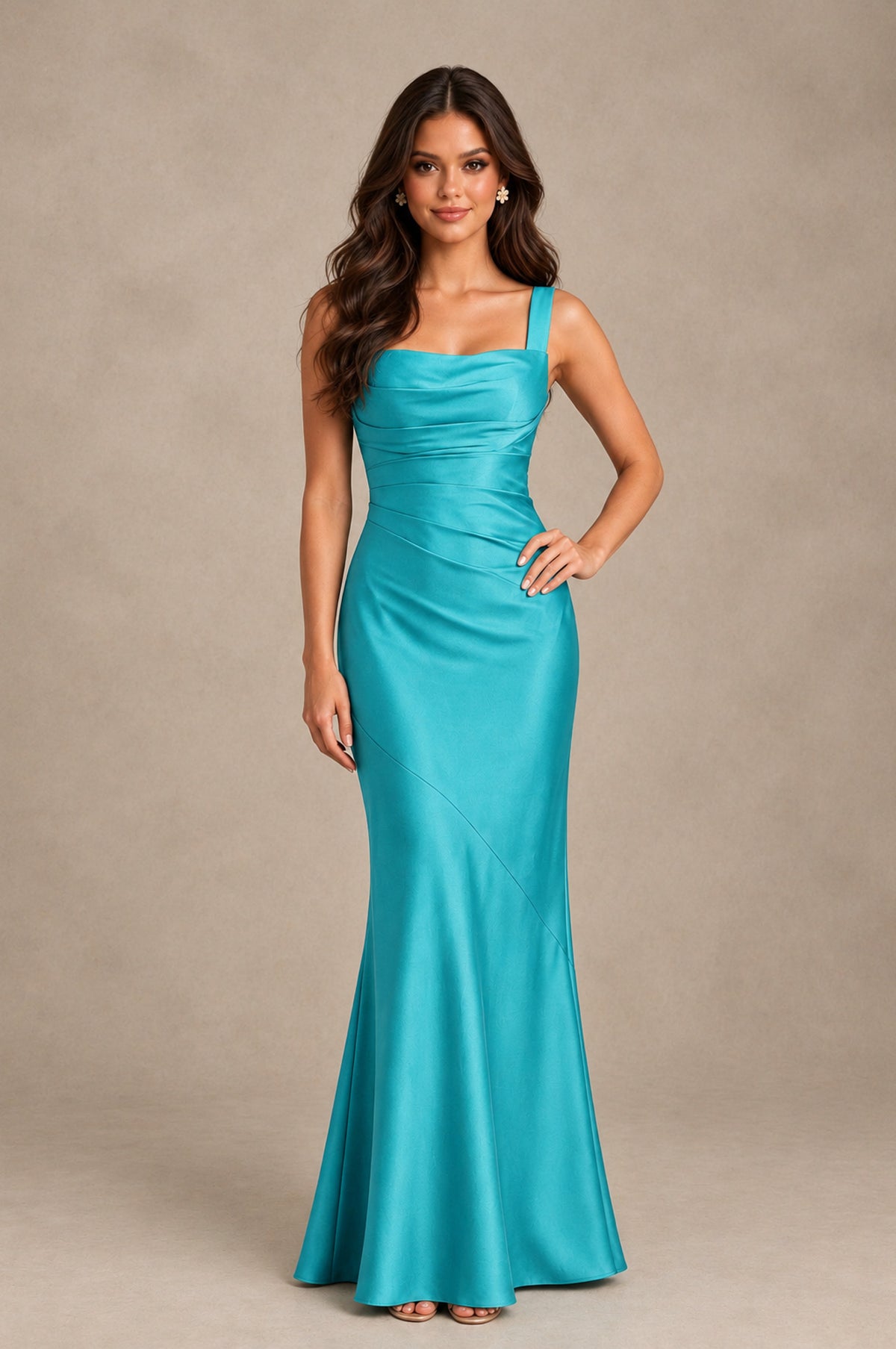 BOLODOO Turquoise Square Neck Ruched Satin Lace-Up Bridesmaid Dress - Turquoise - Turquoise_3