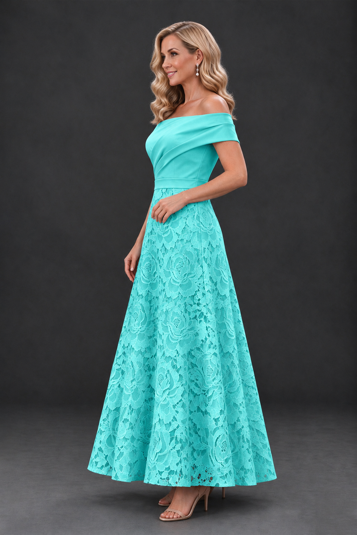 BOLODOO Turquoise Off-the-Shoulder Floral A-Line Mother of the Bride Dress - Turquoise - Turquoise_3