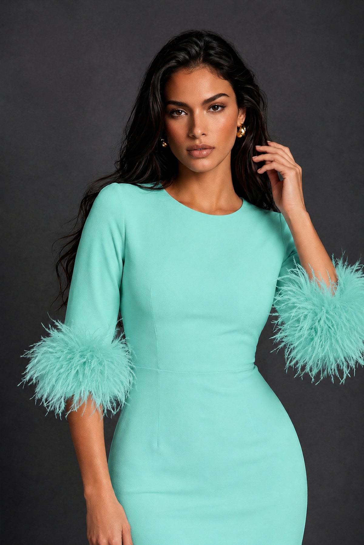 BOLODOO Turquoise Ostrich Feather Cuff 3/4 Sleeve Round Neck Bodycon Midi Dress with Back Slit - Turquoise