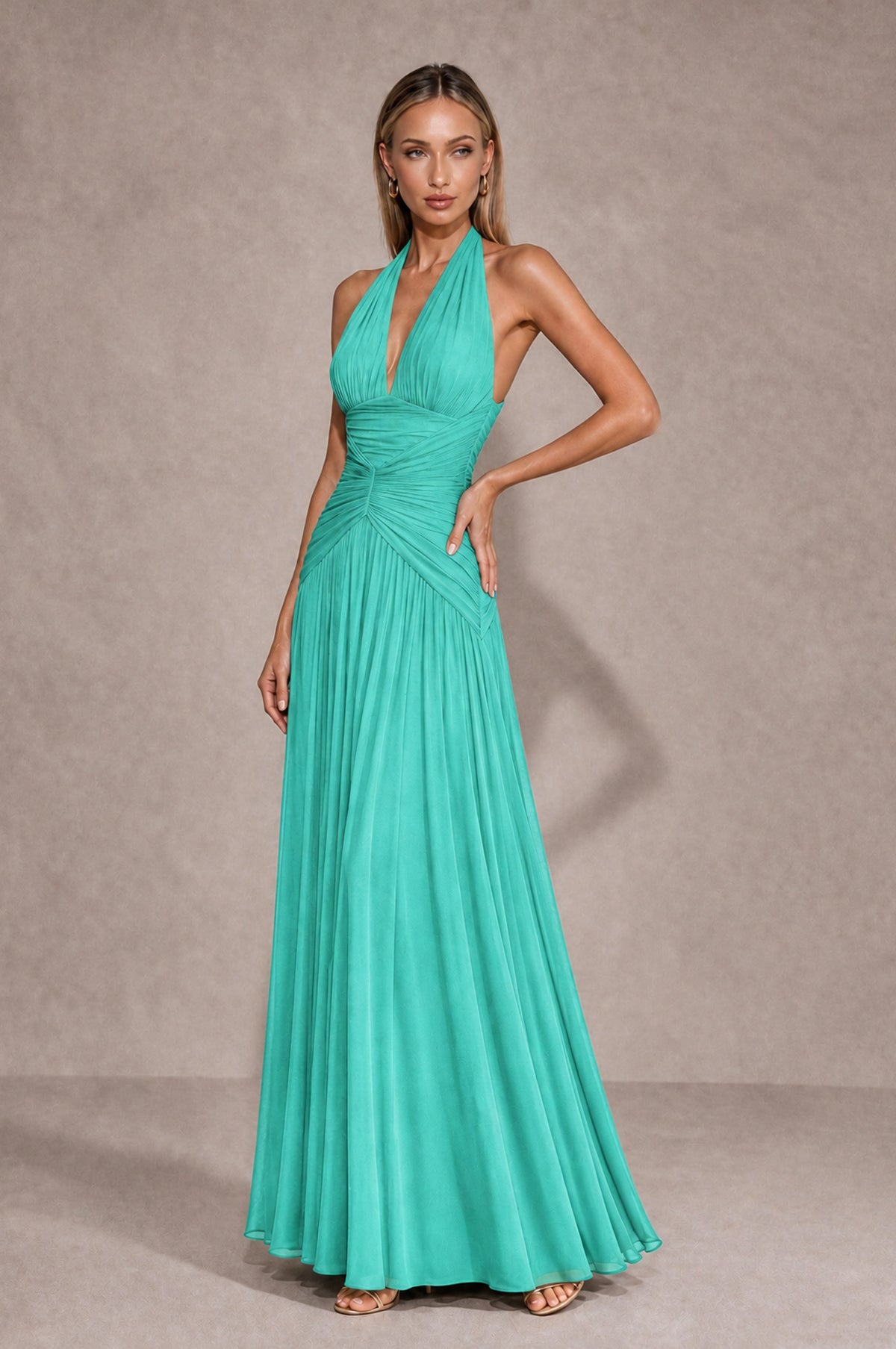 BOLODOO Turquoise Chiffon Halter Deep V-Neck Ruched A-Line Backless Maxi Dress with Train-BD0167 - Turquoise - Turquoise_3