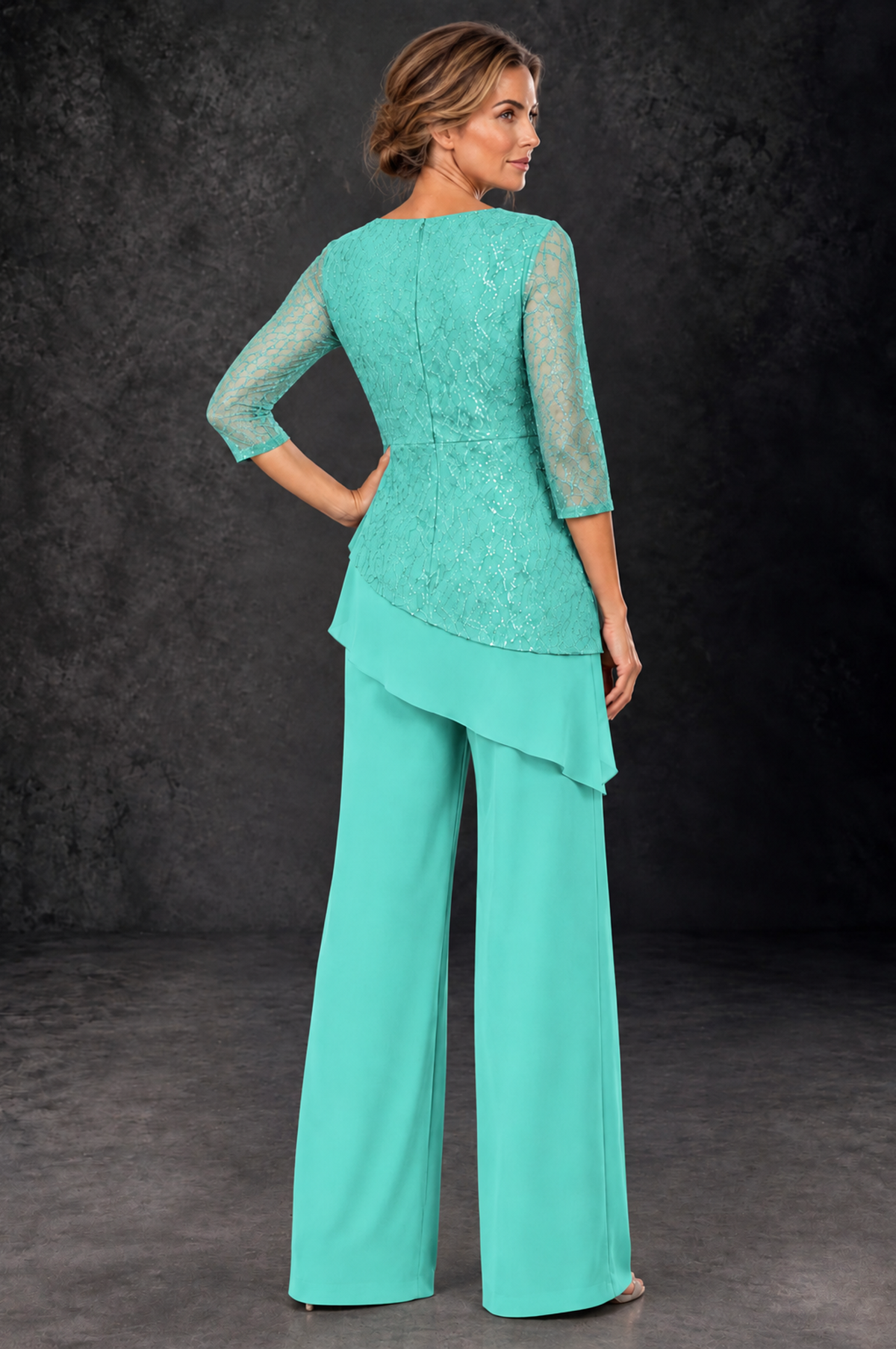 BOLODOO Turquoise Sequin Lace 3/4 Sleeve Chiffon Mother of the Bride Pant Suit - Turquoise - Turquoise_3
