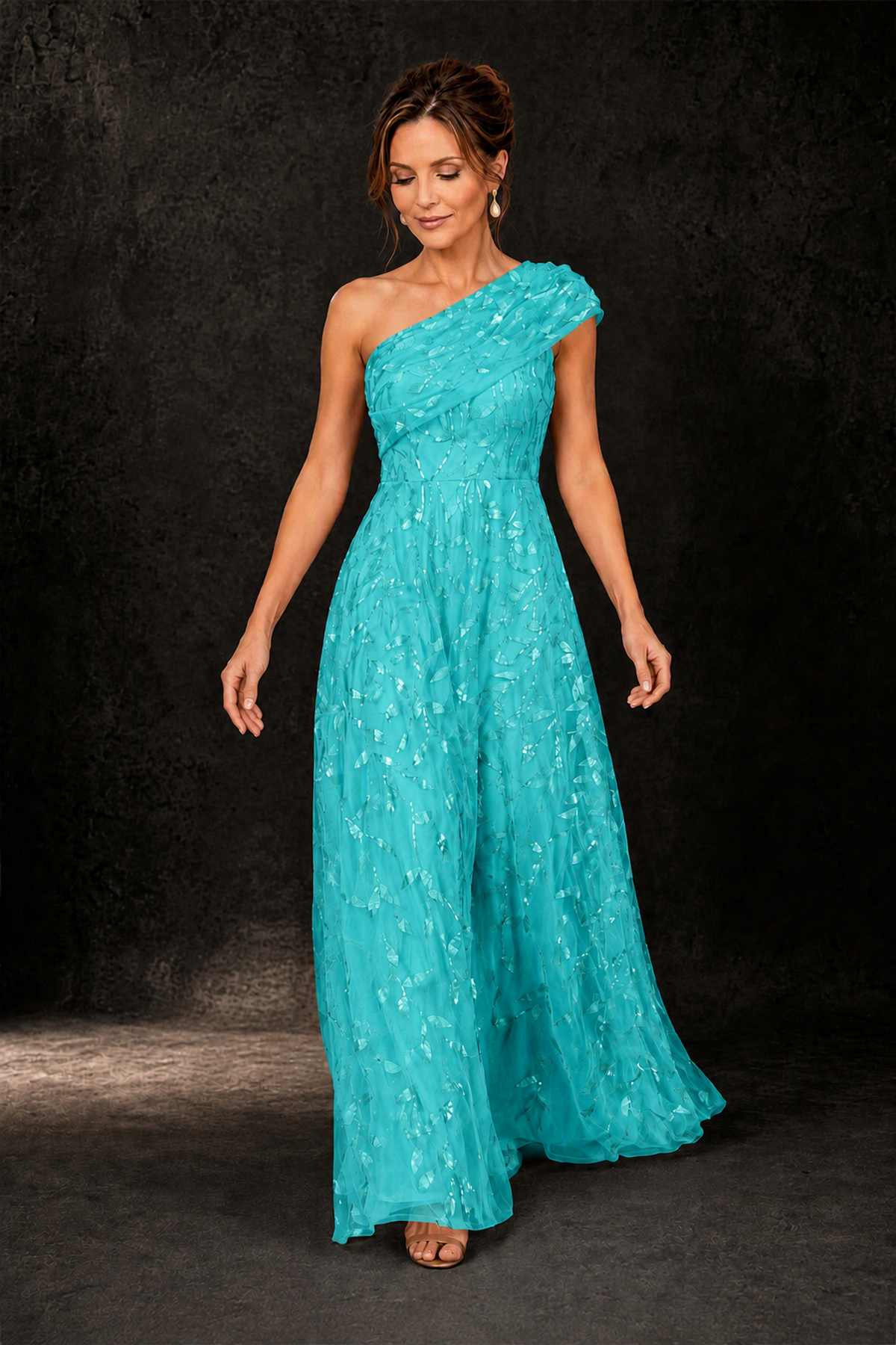 BOLODOO Turquoise Leaf Sequin One-Shoulder A-Line Maxi Gown – Mother of the Bride & Formal Evening Dress - Turquoise - Turquoise_3