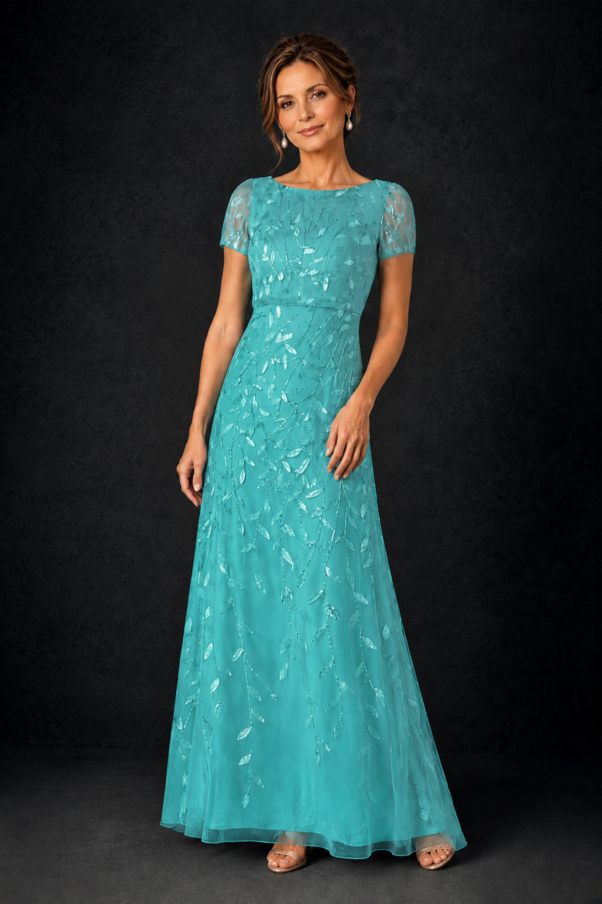 BOLODOO Turquoise Leaf Embroidered A-Line Formal Gown with Cap Sleeves - Turquoise - Turquoise_3