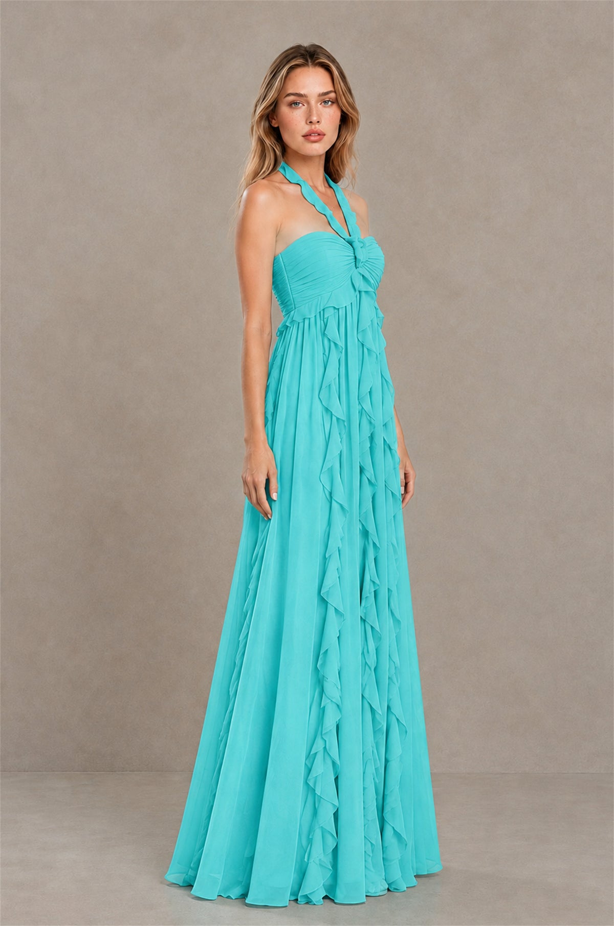 BOLODOO Turquoise Halter Ruffle A-Line Floor-Length Evening Dress - Turquoise - Turquoise_3