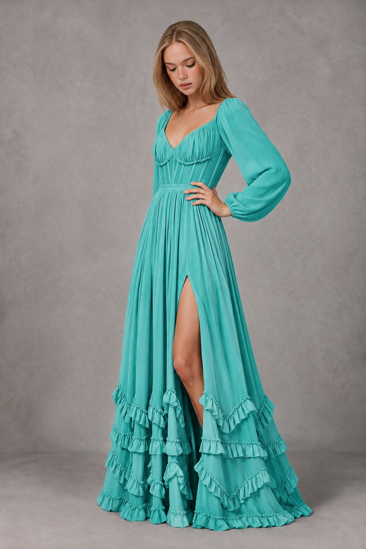 Turquoise Long-Sleeve Ruffle Maxi Dress with Lace-Up Back and Slit - Turquoise