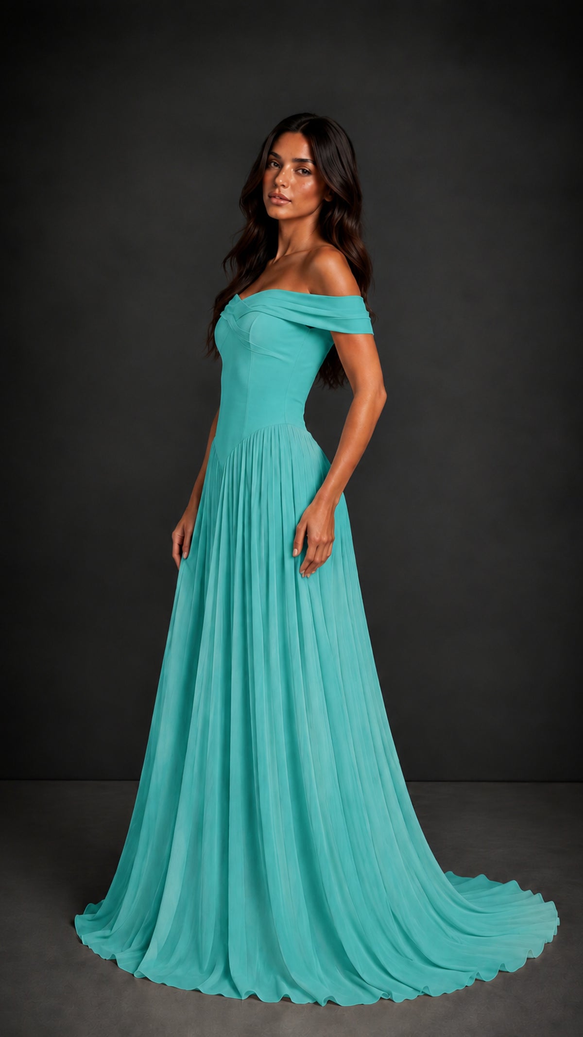BOLODOO Turquoise Off-Shoulder Sweetheart Corset Pleated Chiffon Maxi Dress - Turquoise