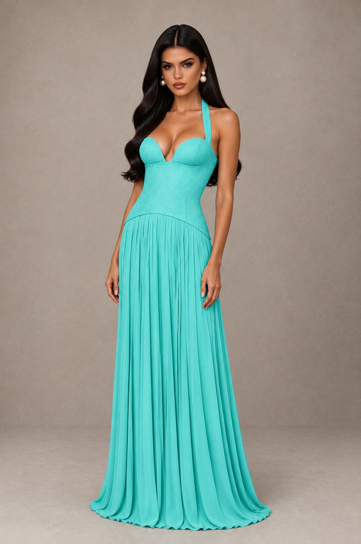 BOLODOO Turquoise Halter Corset Pleated A-Line Evening Dress - Turquoise - Turquoise_3