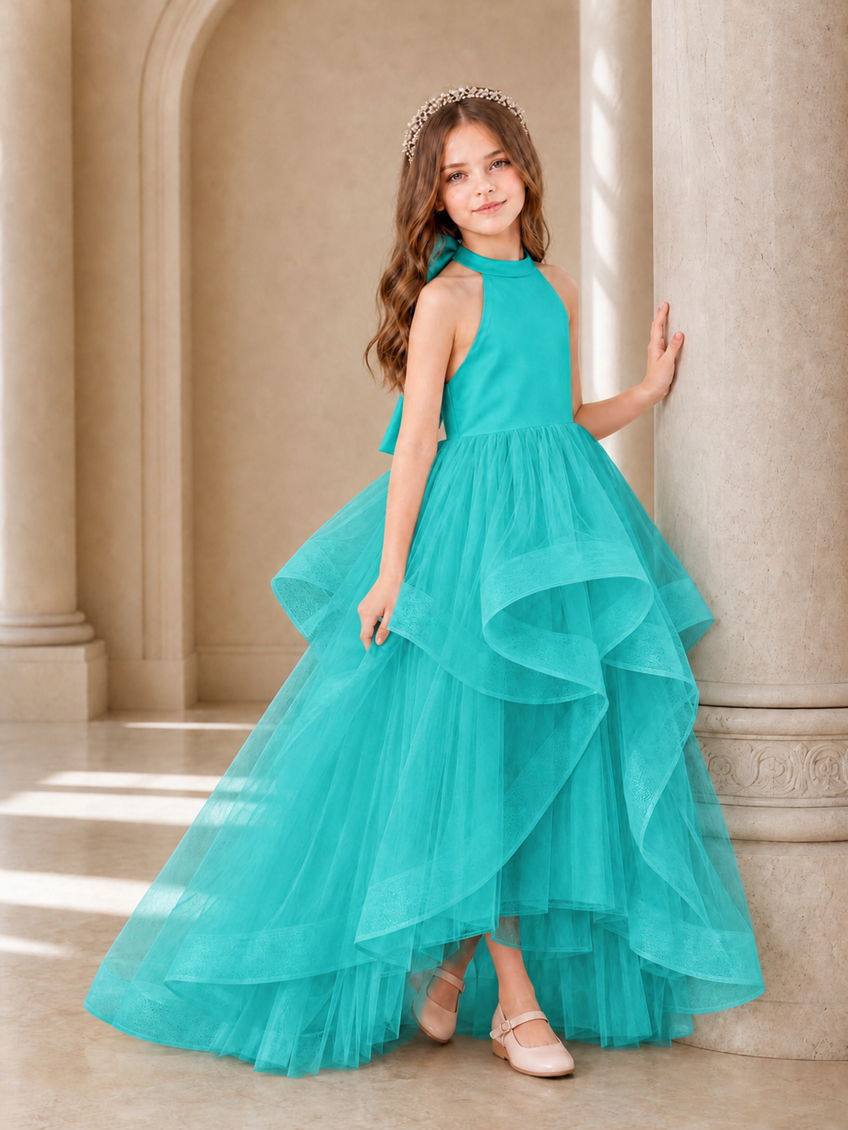 BOLODOO Turquoise Halter Tiered Tulle Flower Girl Dress with Bow Back - Turquoise - Turquoise_3