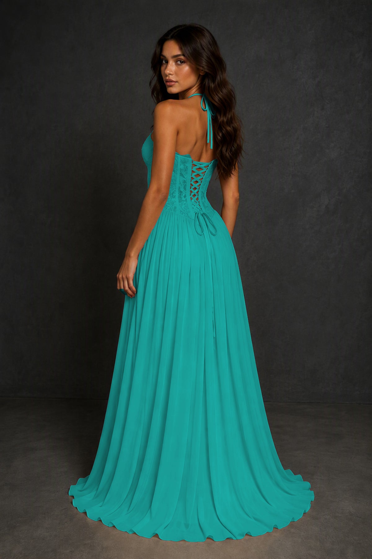 BOLODOO Turquoise Lace Corset Halter Maxi Gown – Backless A-Line Formal Dress - Turquoise
