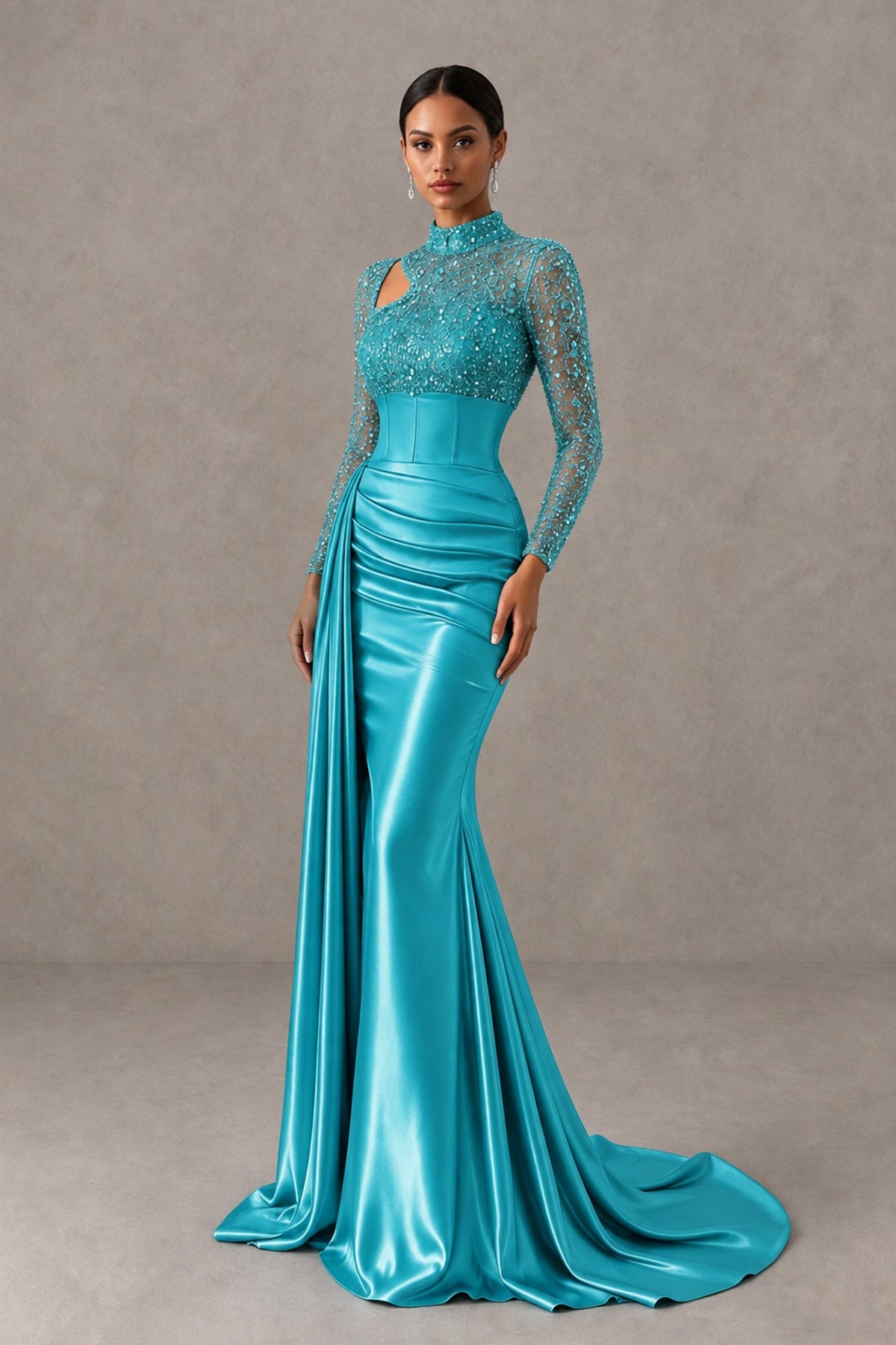 BOLODOO Turquoise Long Sleeve Embellished Satin Mermaid Evening Gown - Turquoise - Turquoise_3
