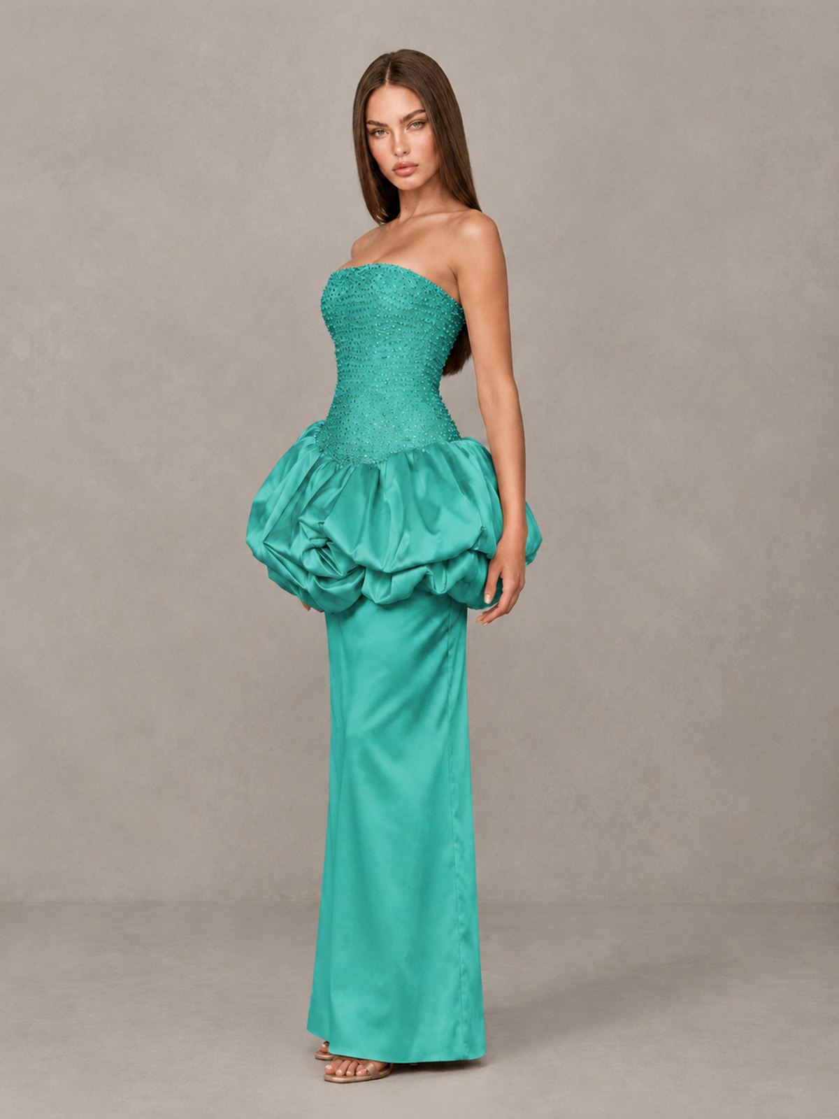 BOLODOO Turquoise Strapless Embellished Bubble Peplum Evening Dress - Turquoise - Turquoise_3