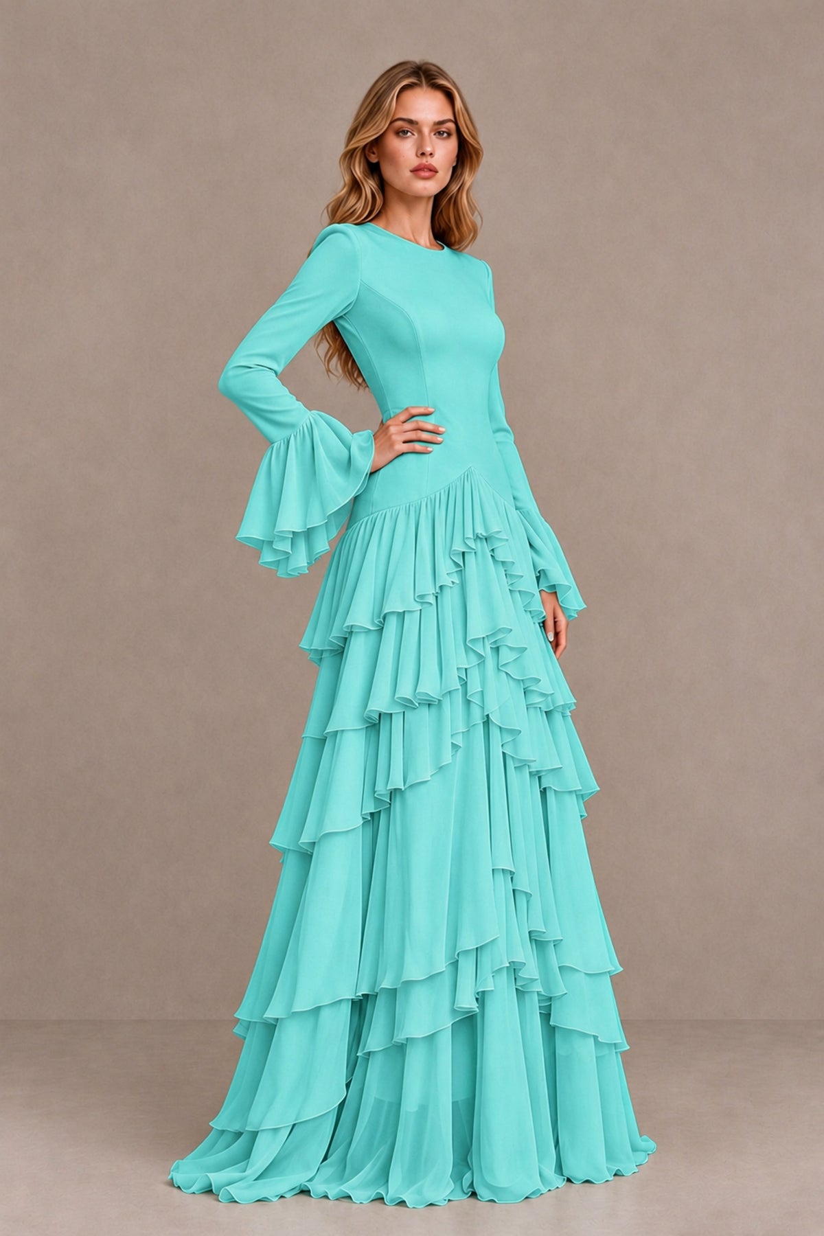Turquoise Long Sleeve Tiered Ruffle Evening Gown - Turquoise - Turquoise_3