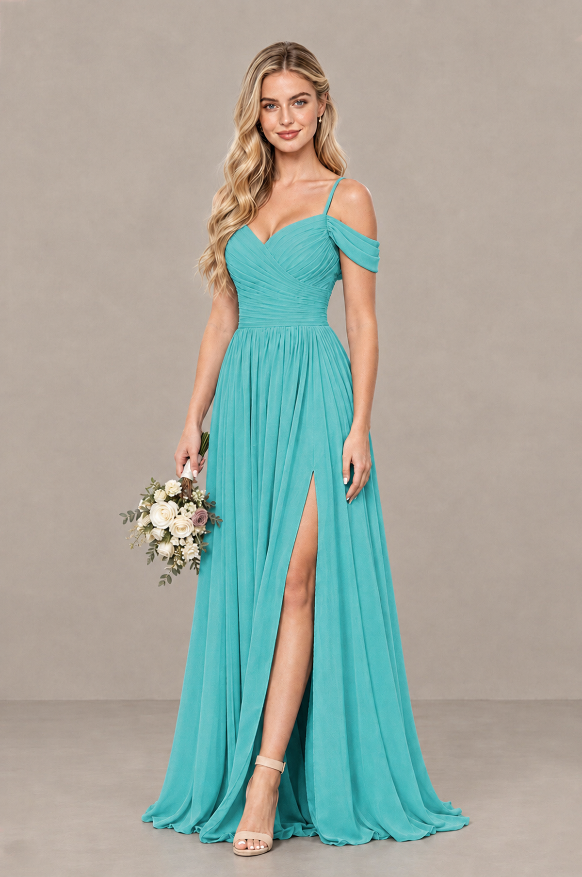 BOLODOO Turquoise Off-Shoulder Bridesmaid Dress with Slit - Turquoise
