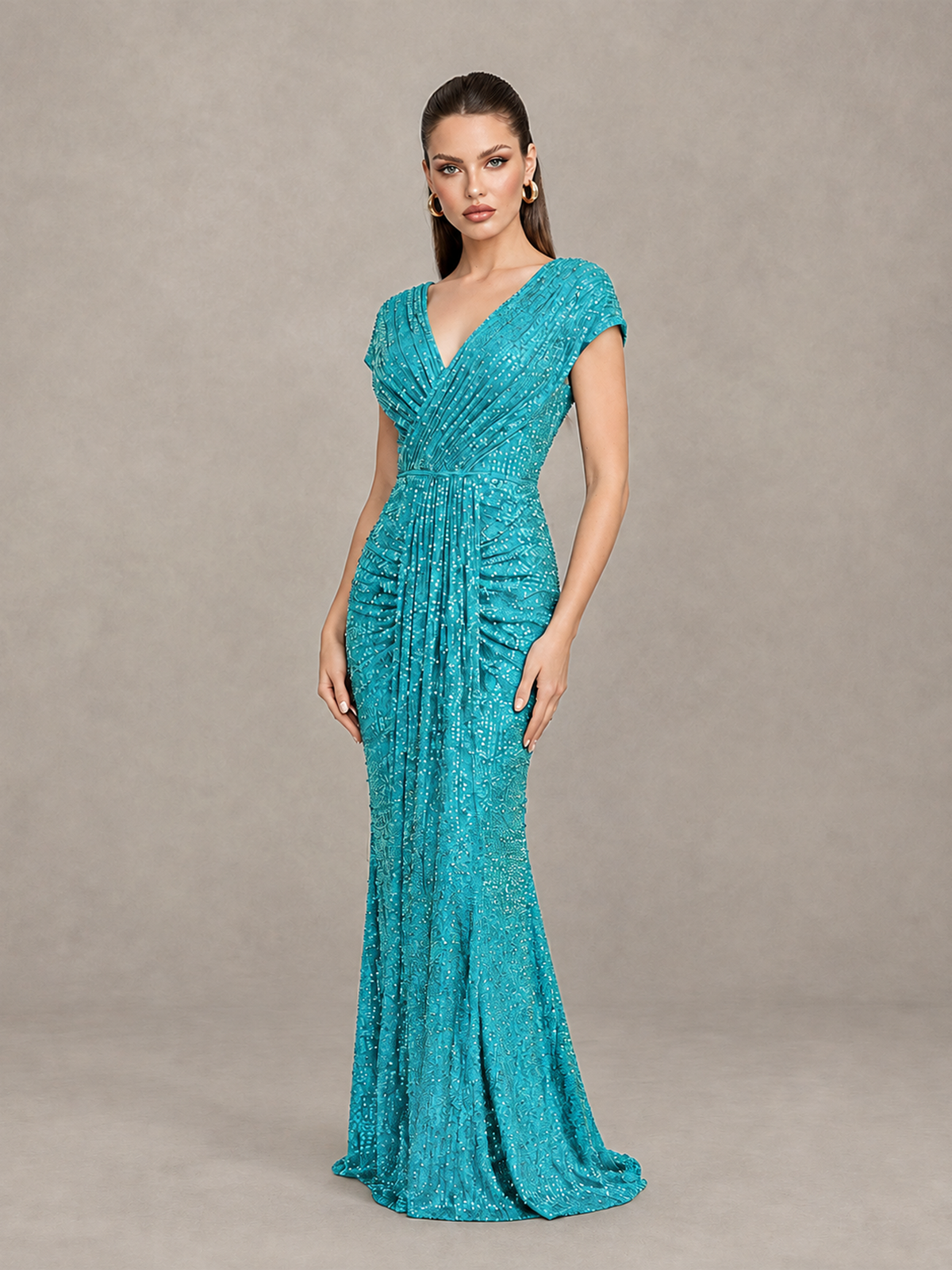 BOLODOO Turquoise Glitter V-Neck Cap Sleeve Ruched Mermaid Evening Gown - Turquoise - Turquoise_3