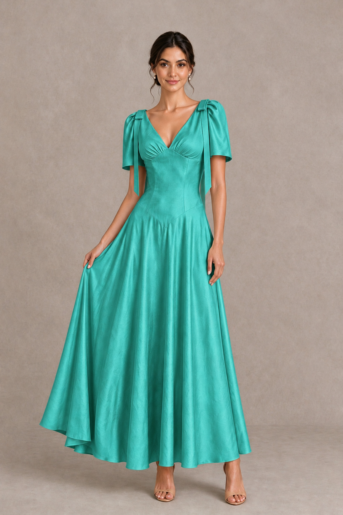 BOLODOO Turquoise V-Neck Short Sleeve Satin-Look Bridesmaid Dress with Shoulder Bows - Turquoise - Turquoise_3