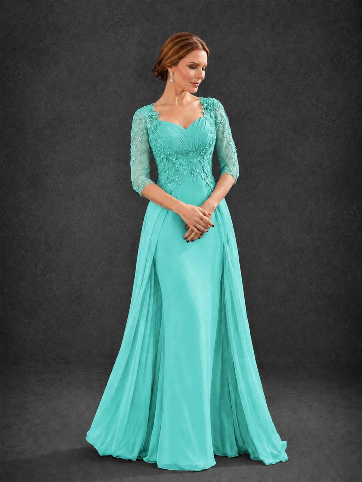 BOLODOO Turquoise Sweetheart Neck 3/4 Sleeve Floral Lace Illusion Bodice Chiffon A-Line Gown - Turquoise - Turquoise_3