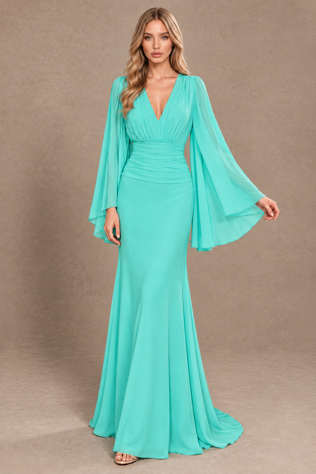 BOLODOO Turquoise Cape Sleeve V-Neck Ruched Chiffon Evening Dress - Turquoise - Turquoise_3