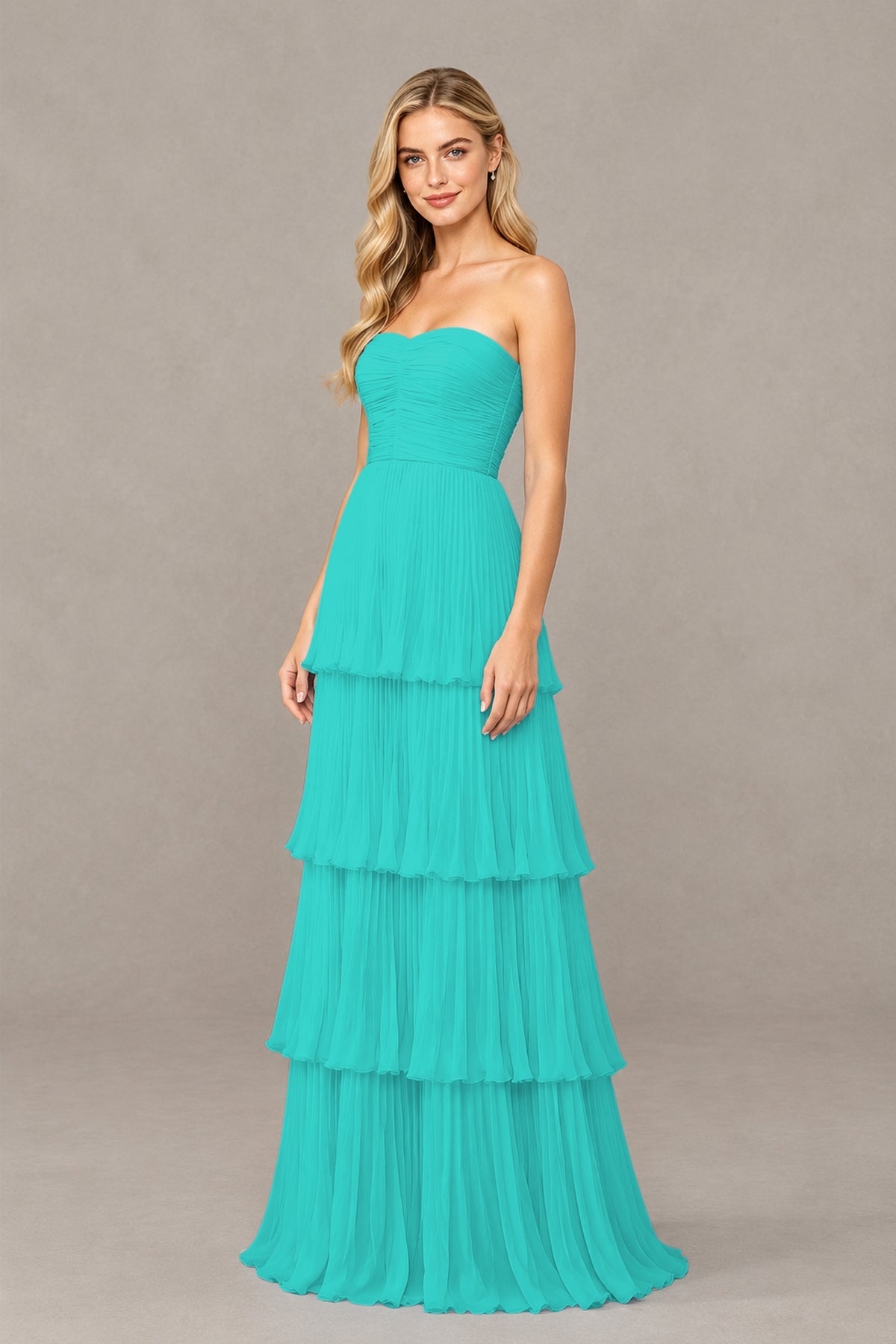 BOLODOO Turquoise Strapless Tiered Chiffon Maxi Dress - Turquoise